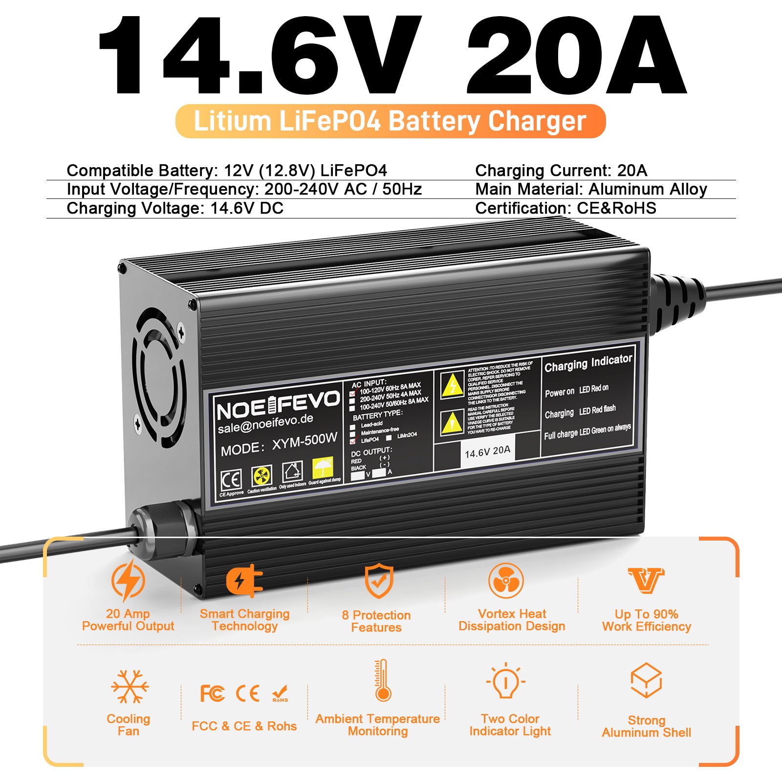 Noeifevo 14.6V 20A מטען סוללות LiFePO4 לסוללת 12V 12.8V LiFePO4 ליתיום, 0V BMS Activate, כיבוי אוטומטי, בית מסגסוגת אלומיניום