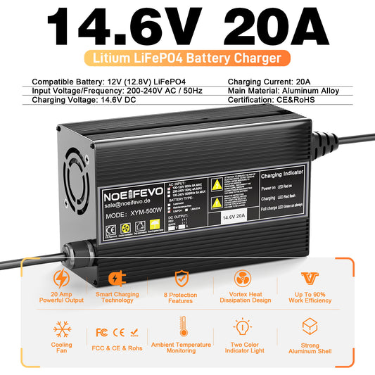 Noeifevo 14.6V 20A LiFePO4 batterioplader til 12V 12.8V LiFePO4 lithiumbatteri, 0V BMS aktivering, automatisk slukning, kabinet i aluminiumlegering