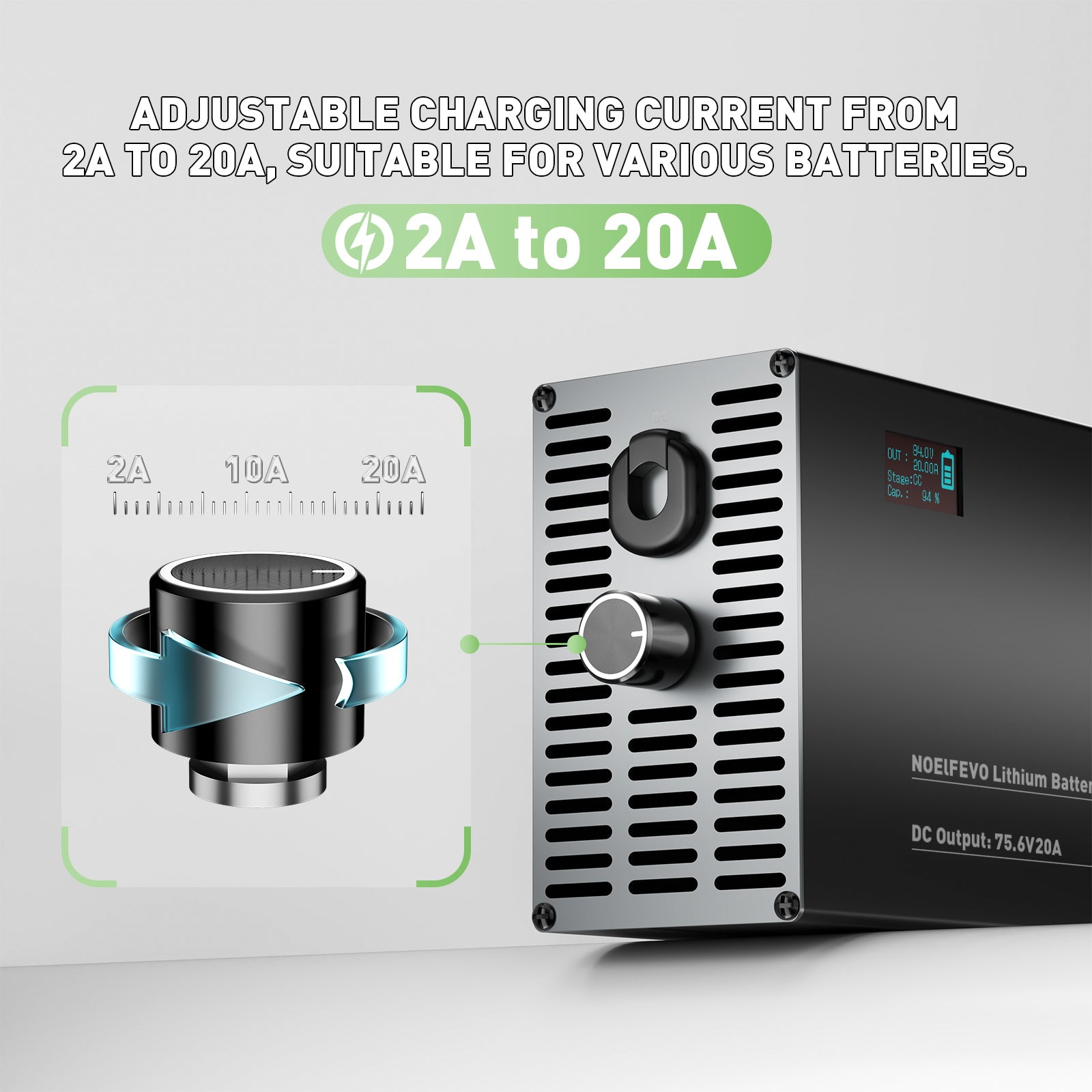 NOEIFEVO 84V 2-20A מטען סוללות ליתיום עבור סוללת ליתיום-Li-Ion-Lipo 74V 20S, עם תצוגת LCD, זרם מתכוונן, מטען עבור אופניים חשמליים, קורקינטים, אופנועים חשמליים