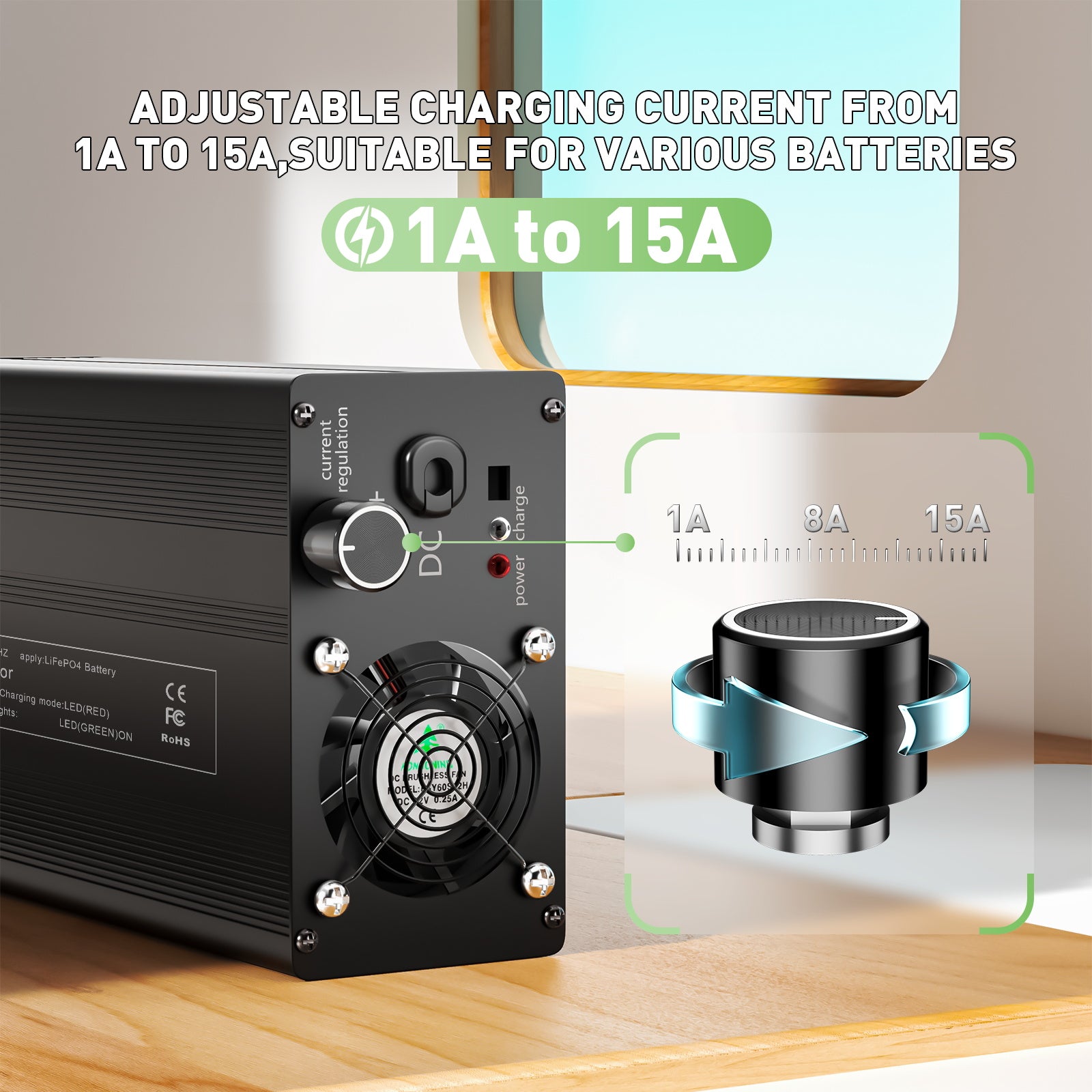 NOEIFEVO 102,2V 1A-15A Caricabatterie LiFePO4, adatto per batterie LiFePO4 89,6V (84V) 28S, display LCD, corrente regolabile.