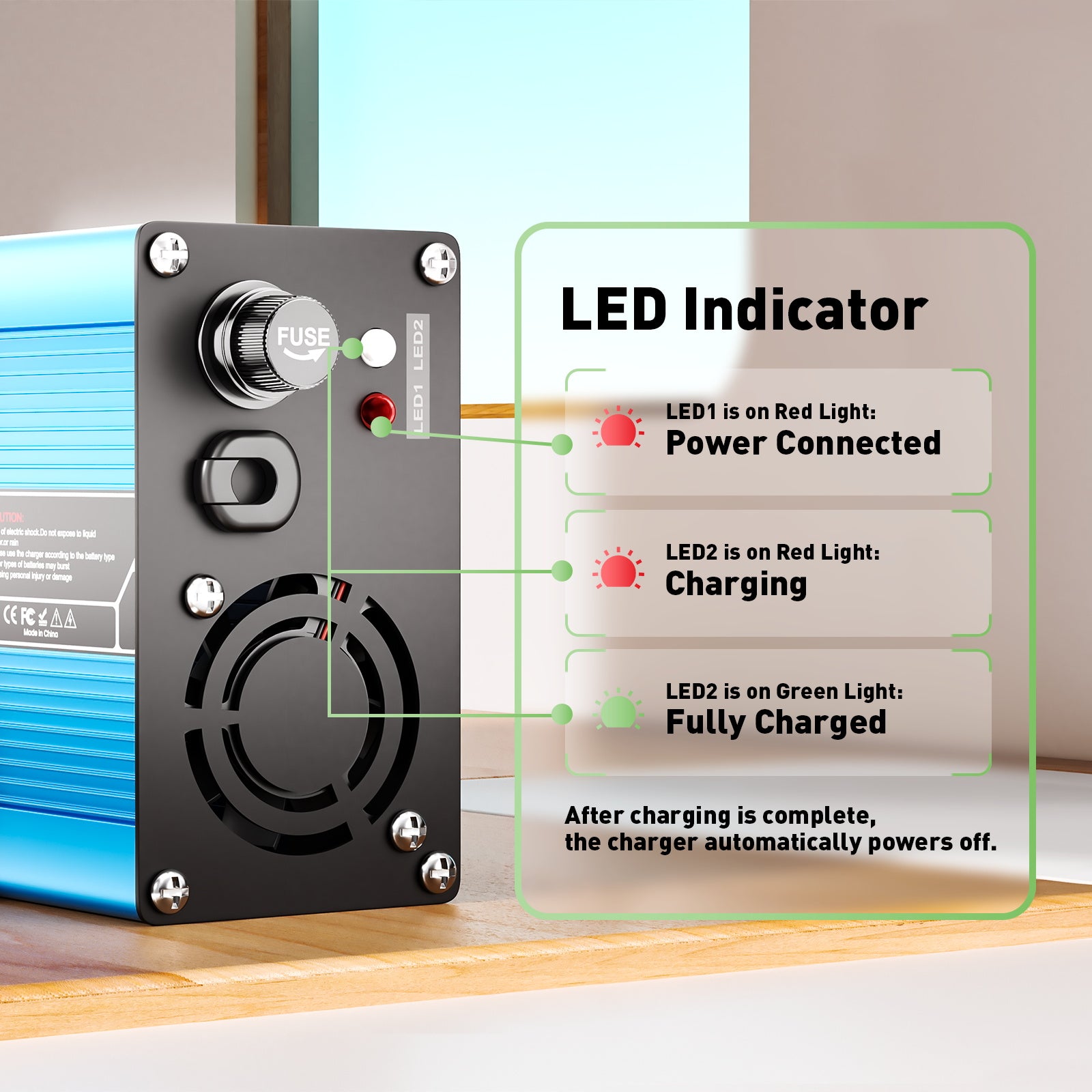 NOEIFEVO 42V 10A 10S Lithium-batterilader, til 10S 37V Li-Ion batteri, automatisk slukning, aluminiumhus, med blæser (blå)