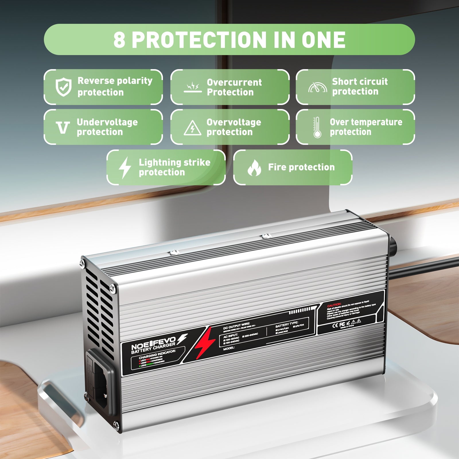 NOEIFEVO 67,2 V 6 A Lithium-batterilader til 59,2 V (60 V) 16S-batteri, automatisk slukning, aluminiumhus, med blæser (Sølv)