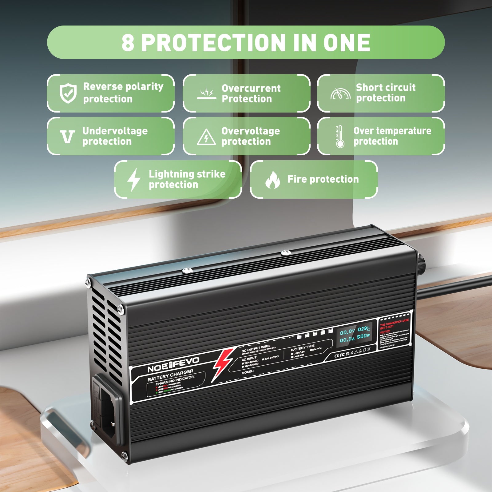 NOEIFEVO 72V 5A bly-syre batterioplader, OLED-skærm, aluminiumshus, intelligent hurtigoplader