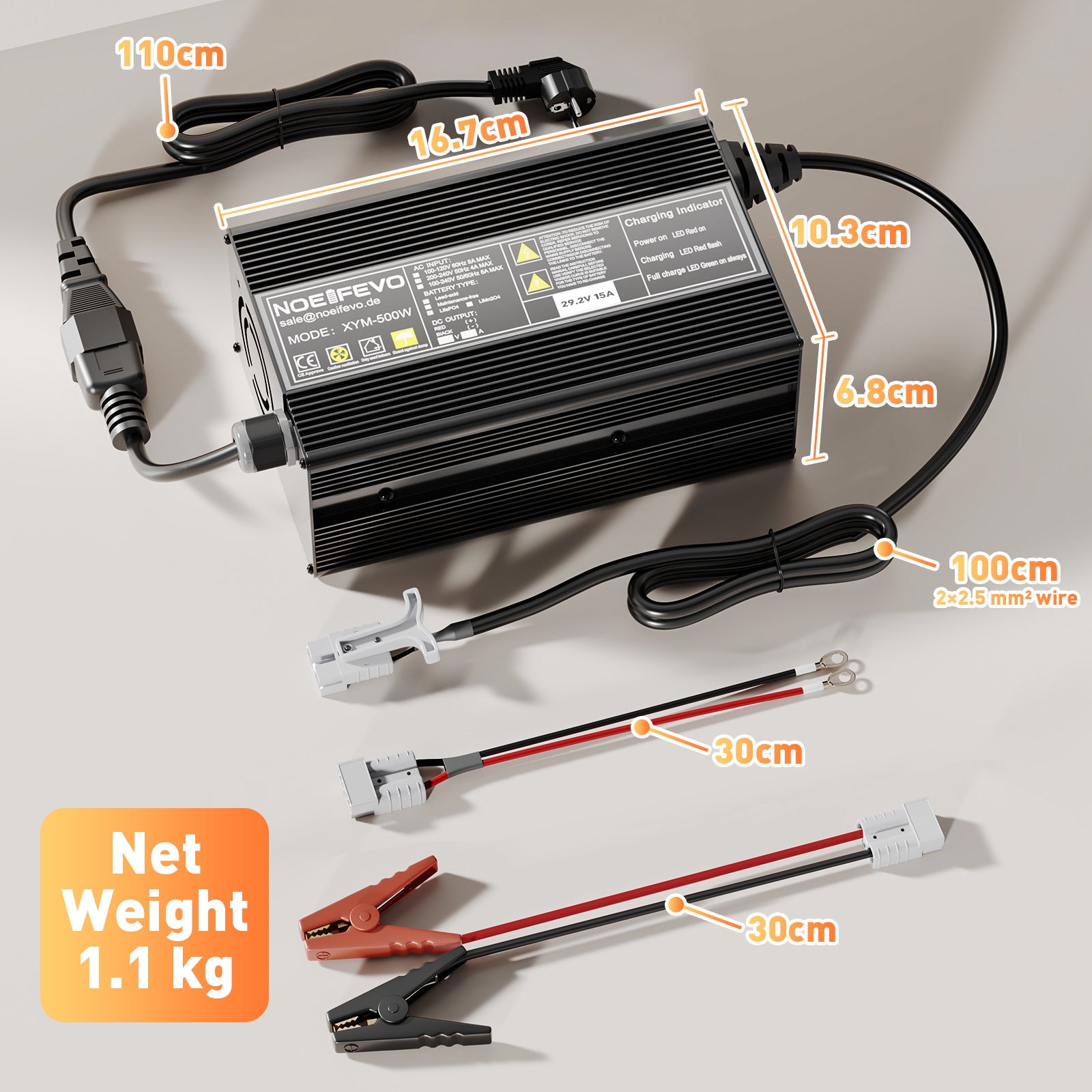 Noeifevo 29,2 V 15 A LiFePO4  batería de Cargador para batería de litio de 24 V 25,6 V, activación BMS de 0 V, apagado automático con protección total