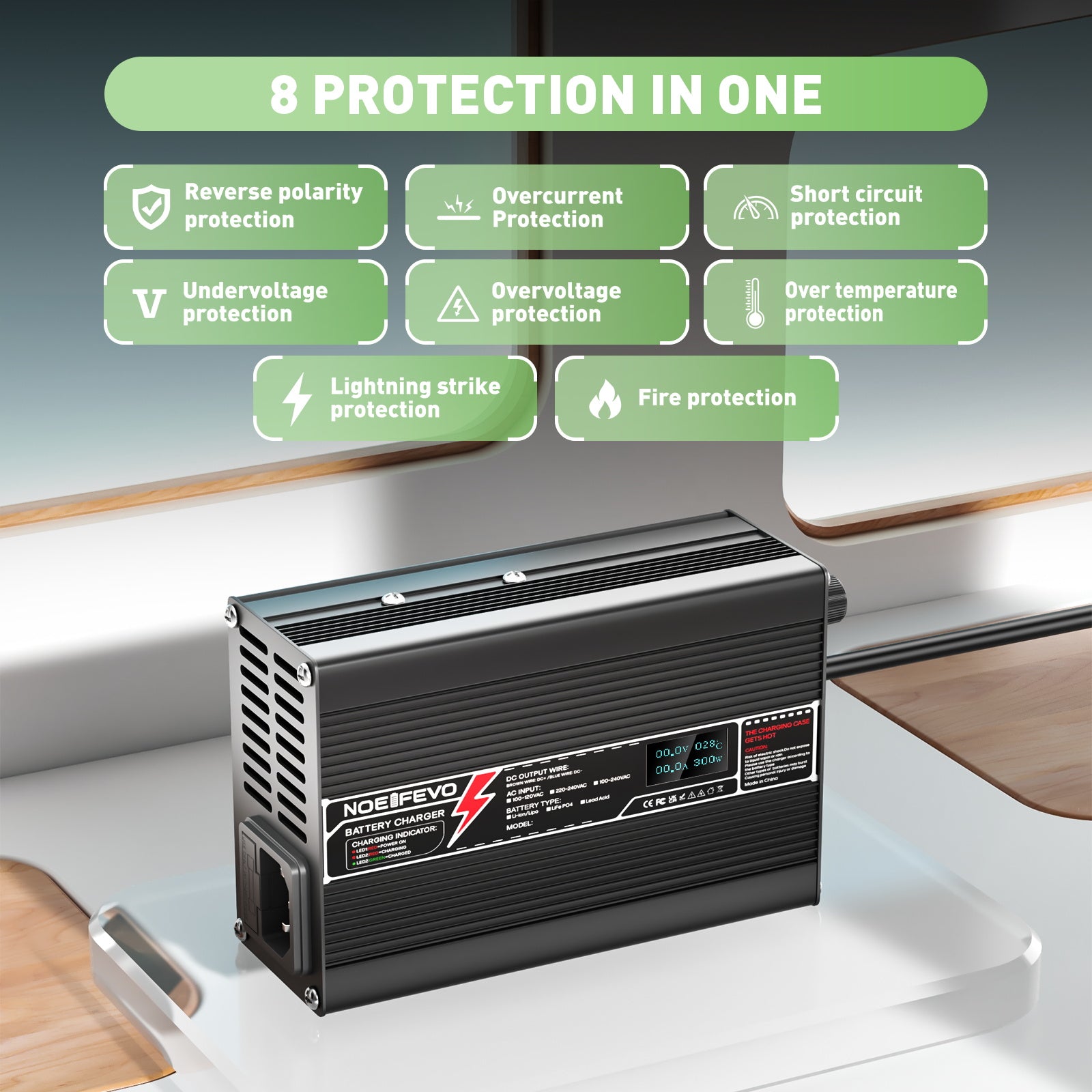 NOEIFEVO 54.6V 3A lithiumlader til 13S 48.1V Li-Ion Lipo-batterier, kølevifte, automatisk slukning (SORT)