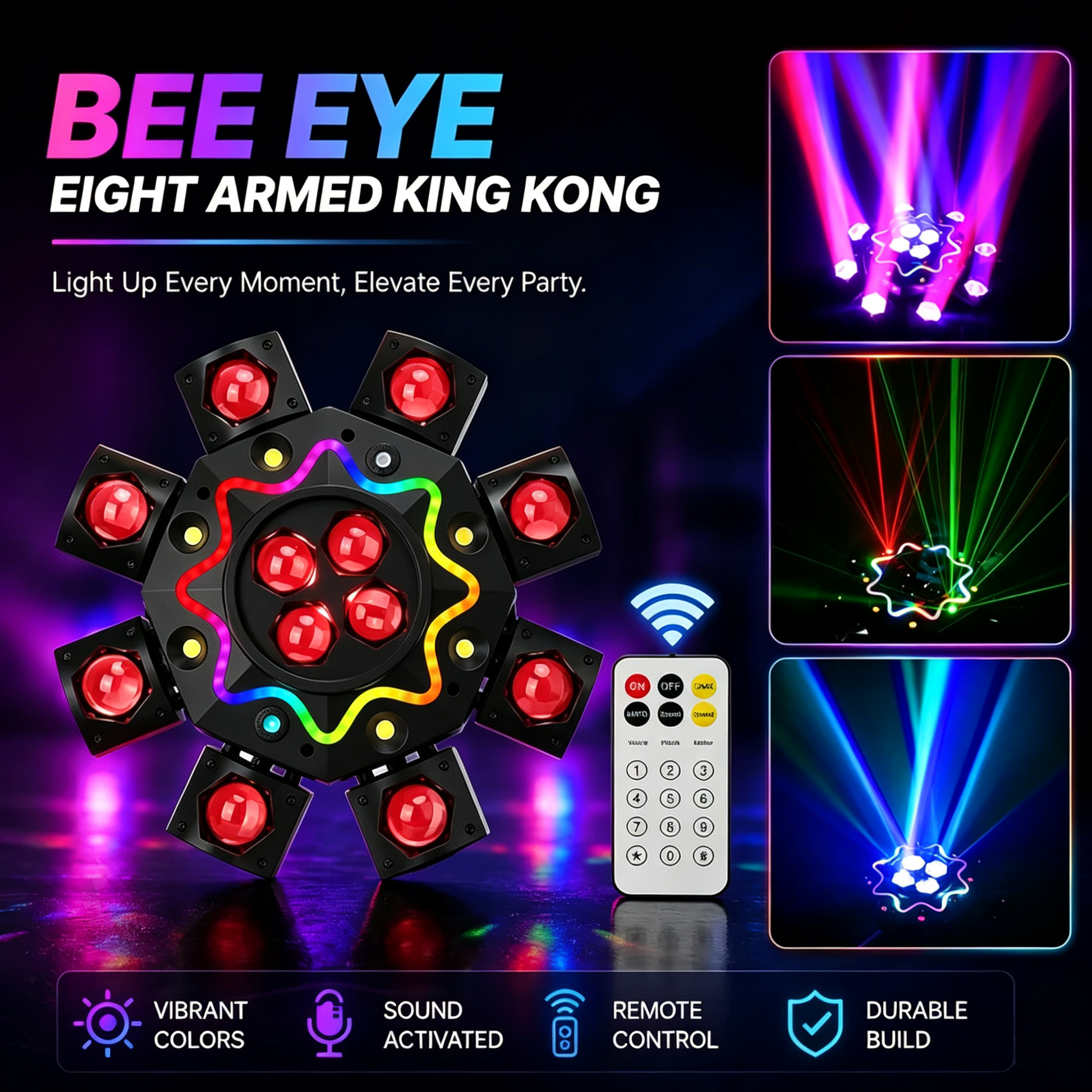 200W Bijenoog 8-armige moving head-lamp, DJ-podiumverlichting met DMX512-ondersteuning, RGBW 4-in-1 LED-partylamp met afstandsbediening voor bruiloften, bars, clubs en disco's