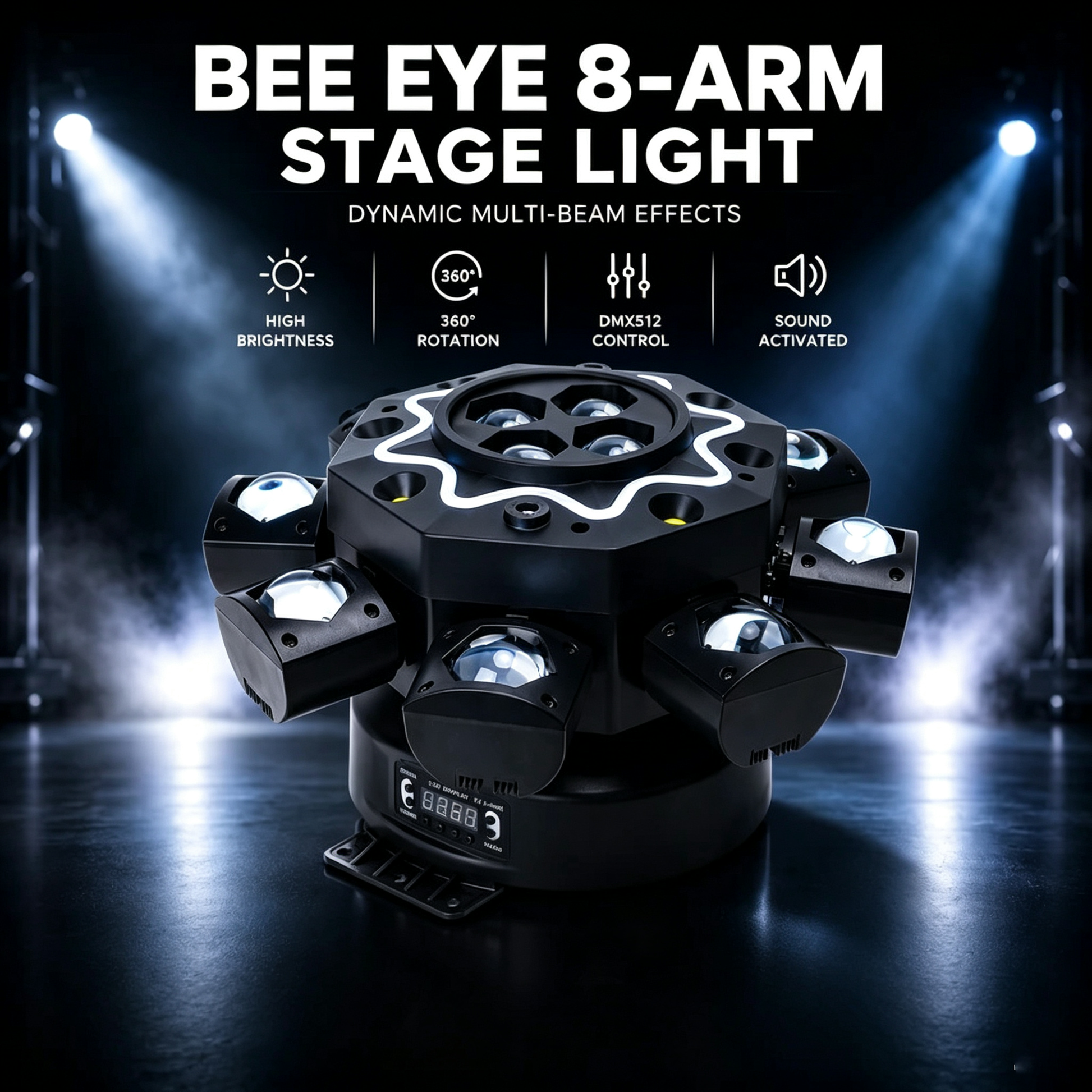 200W Bijenoog 8-armige moving head-lamp, DJ-podiumverlichting met DMX512-ondersteuning, RGBW 4-in-1 LED-partylamp met afstandsbediening voor bruiloften, bars, clubs en disco's