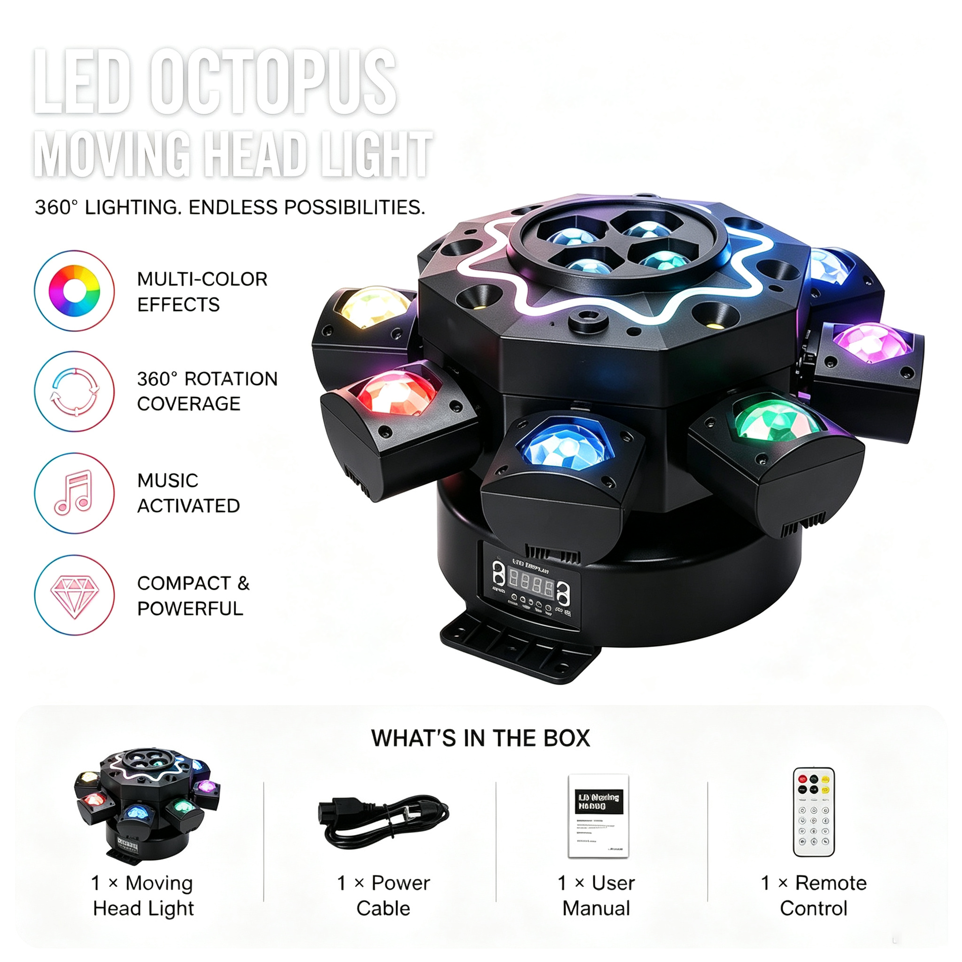 200W Bijenoog 8-armige moving head-lamp, DJ-podiumverlichting met DMX512-ondersteuning, RGBW 4-in-1 LED-partylamp met afstandsbediening voor bruiloften, bars, clubs en disco's