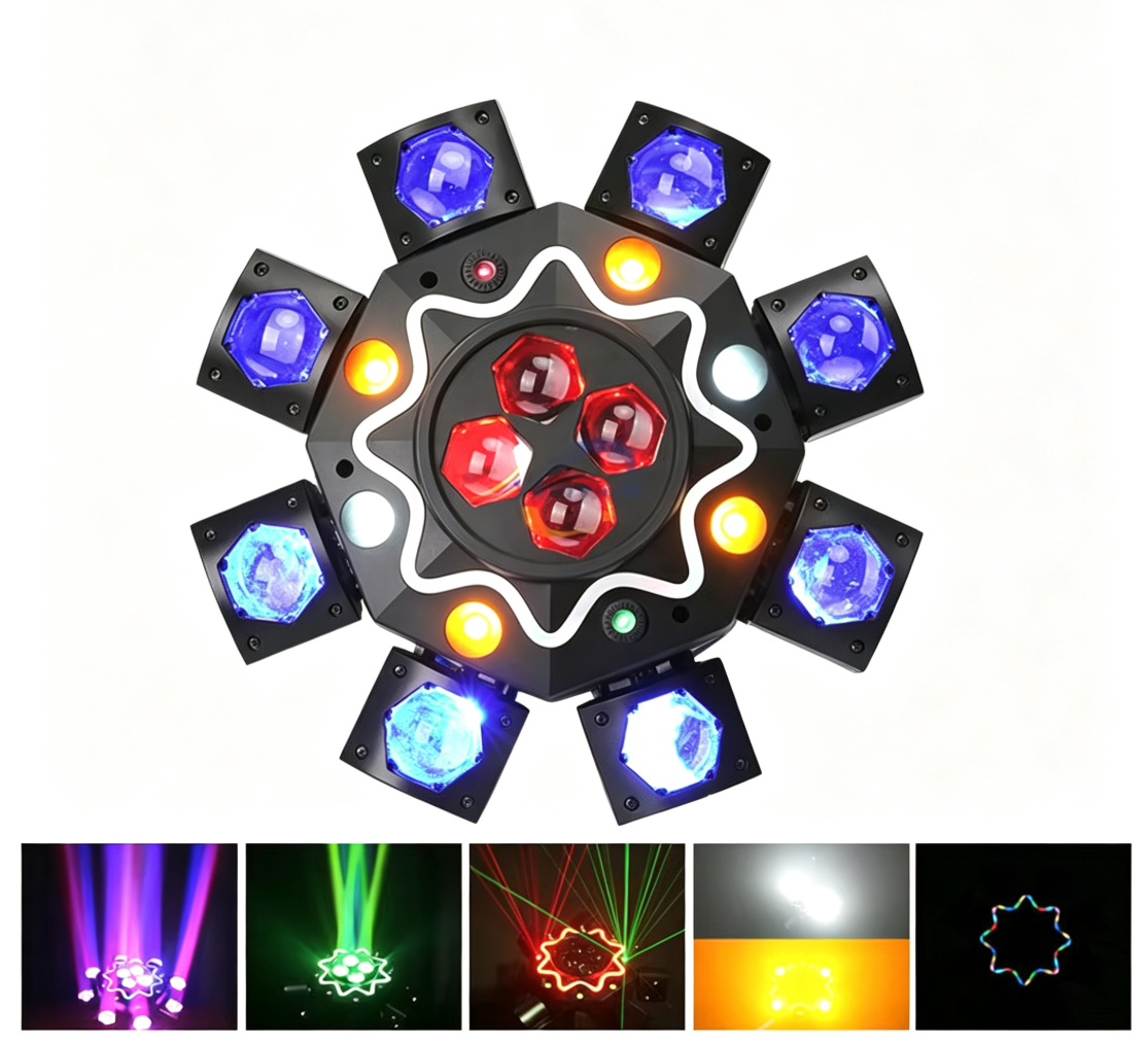 200W Bijenoog 8-armige moving head-lamp, DJ-podiumverlichting met DMX512-ondersteuning, RGBW 4-in-1 LED-partylamp met afstandsbediening voor bruiloften, bars, clubs en disco's