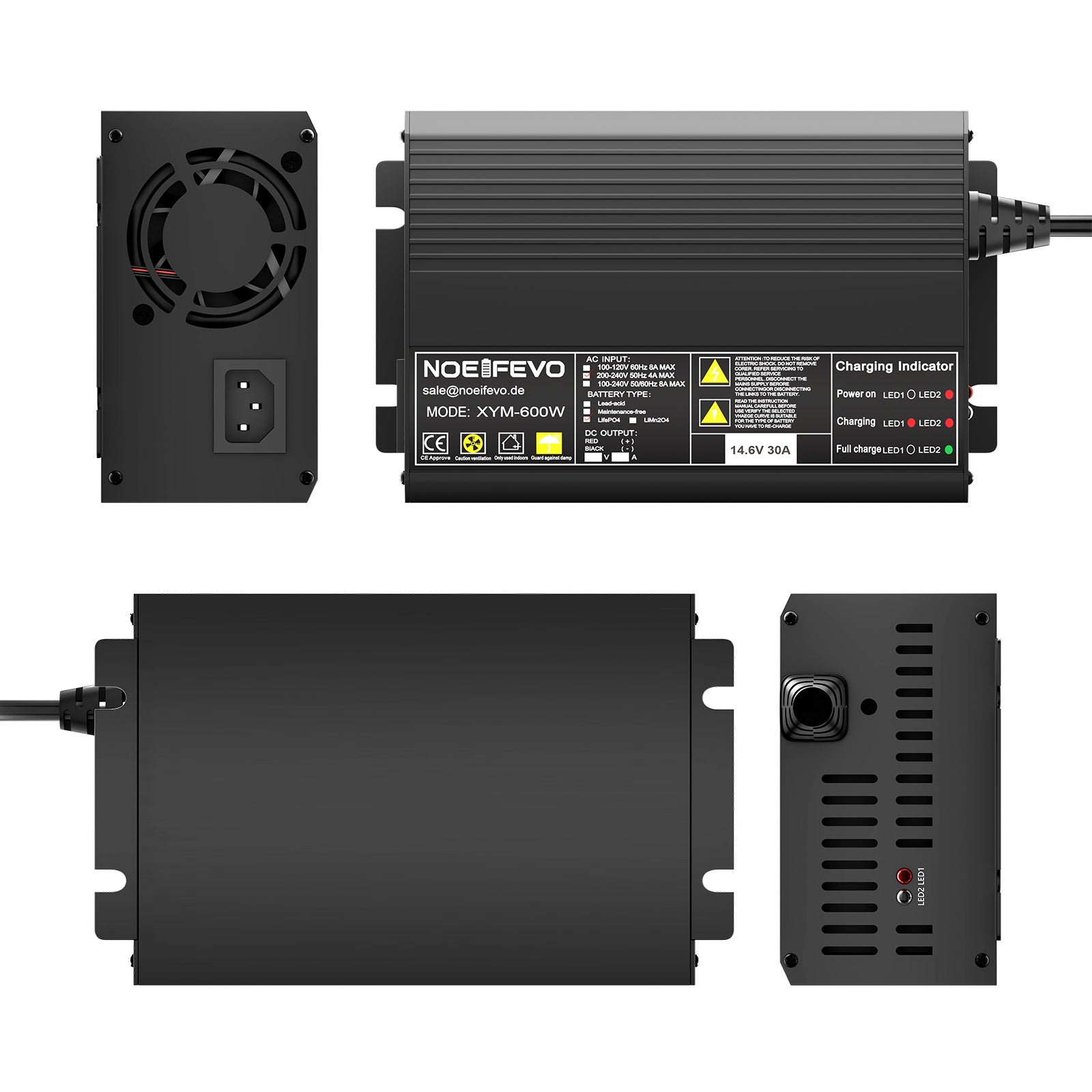 Noeifevo 12V 12,8V 30A Lithium LiFePO4 batterioplader, ladespænding 14,6V, 0V BMS aktivering, automatisk nedlukning, aluminiumshus