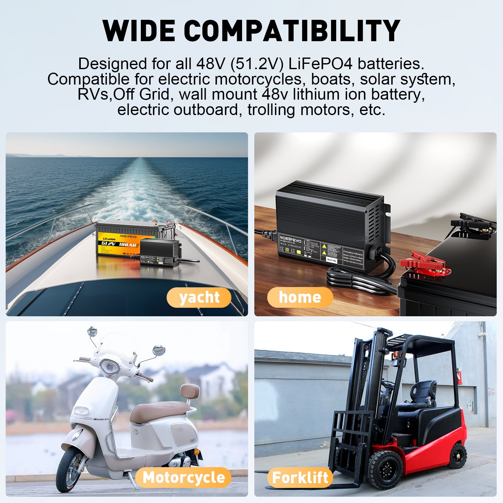 NOEIFEVO 58,4 V 10A LiFePO4 Carregador de bateria para 51,2 V (48 V) Bateria de lítio 16S para carrinhos de golfe, RVs e motores elétricos de pesca