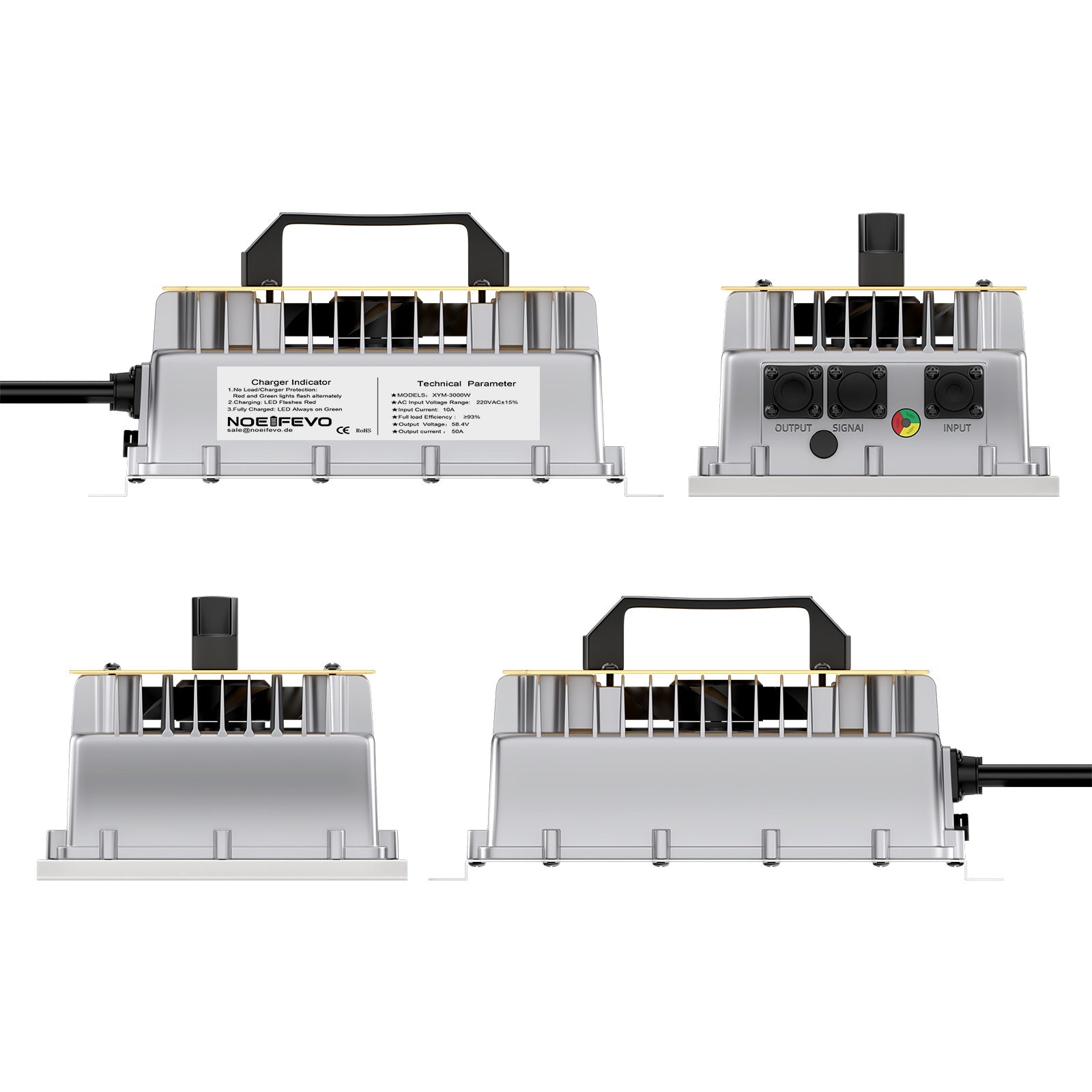 NOEIFEVO 58.4V 50A LiFePO4 batteriladdare för 51.2V (48V) 16S LiFePO4 batteri, vattentät, 0V BMS aktiverad