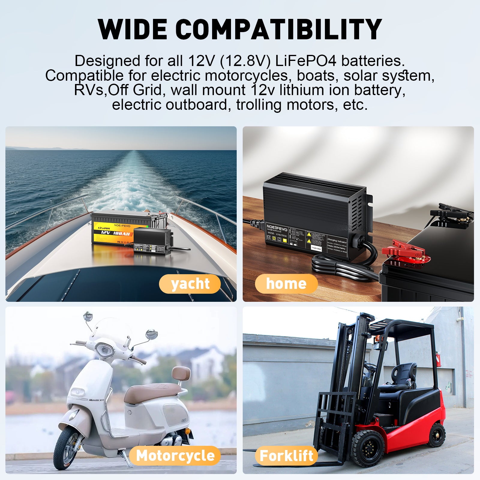 Noeifevo 14,6 V 50 A nopea litium-LiFePO4-akkulaturi 12 V (12,8 V) LiFePO4-akulle, 0 V BMS-aktivointi, automaattinen sammutus täydellä suojauksella