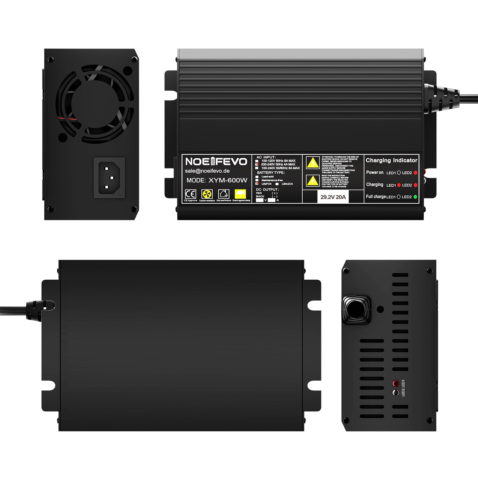 Noeifevo 29,2 V 20A LiFePO4 bateria de Carregador para bateria de lítio 24 V 25,6 V, ativação de 0 V BMS, desligamento automático com proteção total