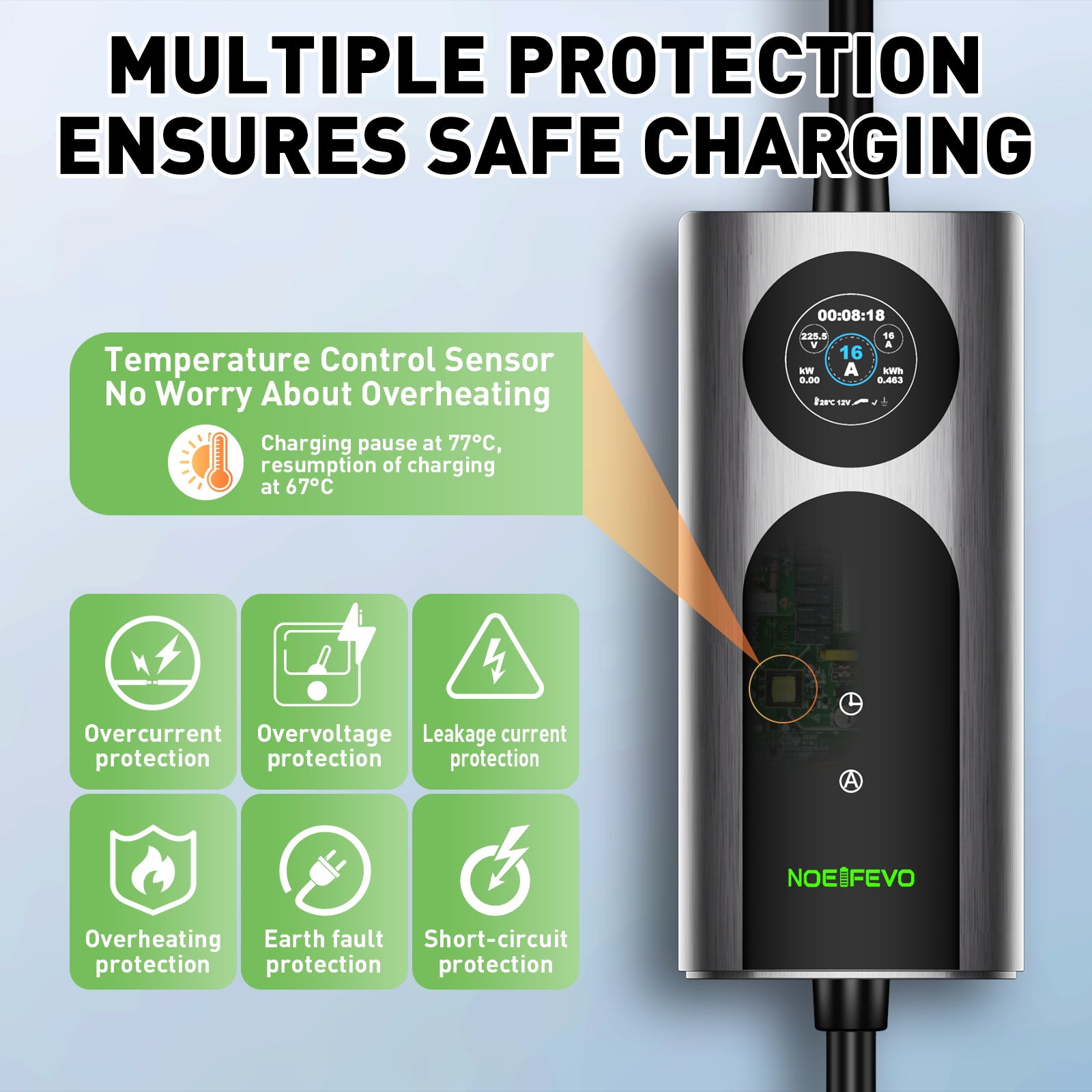 NOEIFEVO CY01 Type 2 Ladekabel Schuko 220V, 3,7kW Mobil Wallbox med APP, 6-16A 1-faset Ladekabel til Alle Elbiler (IEC 62196-2) & PHEVS