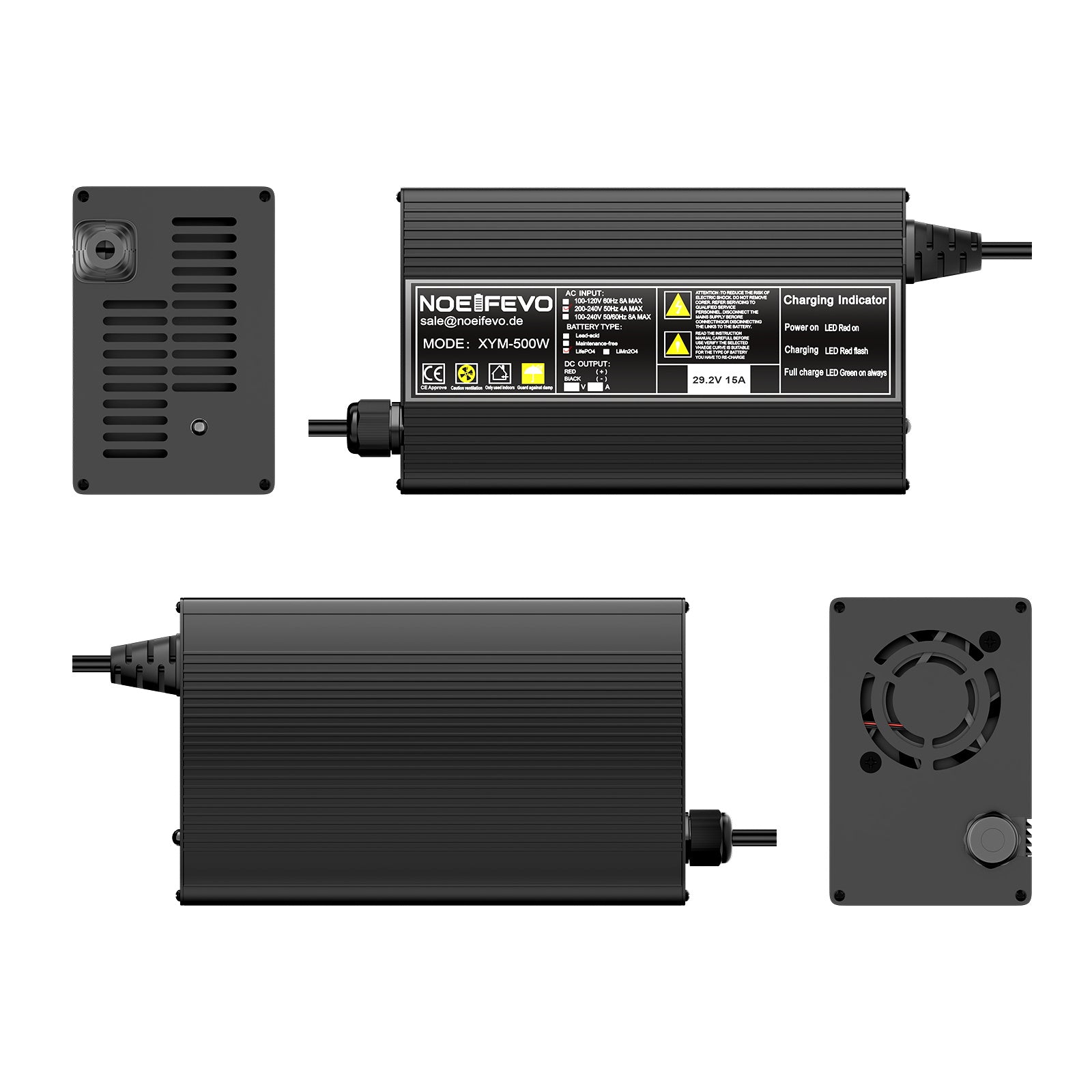 Noeifevo 29,2 V 15 A LiFePO4 Caricabatterie per batteria al litio 24 V 25,6 V, attivazione BMS 0 V, spegnimento automatico con protezione completa