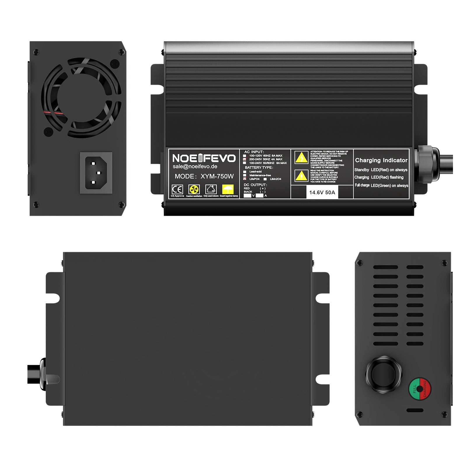 Noeifevo 14.6V 50A Snelle Lithium LiFePO4 Batterijlader voor 12V (12.8V) LiFePO4 Batterij, 0V BMS Activering, Automatische Uitschakeling met Volledige Bescherming