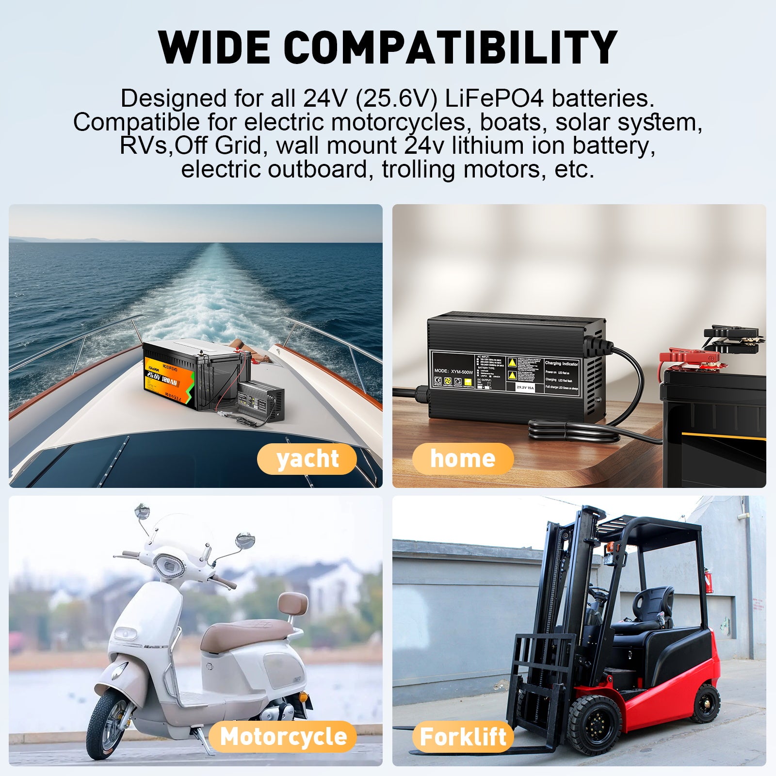 Noeifevo 29,2 V 15 A LiFePO4  batería de Cargador para batería de litio de 24 V 25,6 V, activación BMS de 0 V, apagado automático con protección total