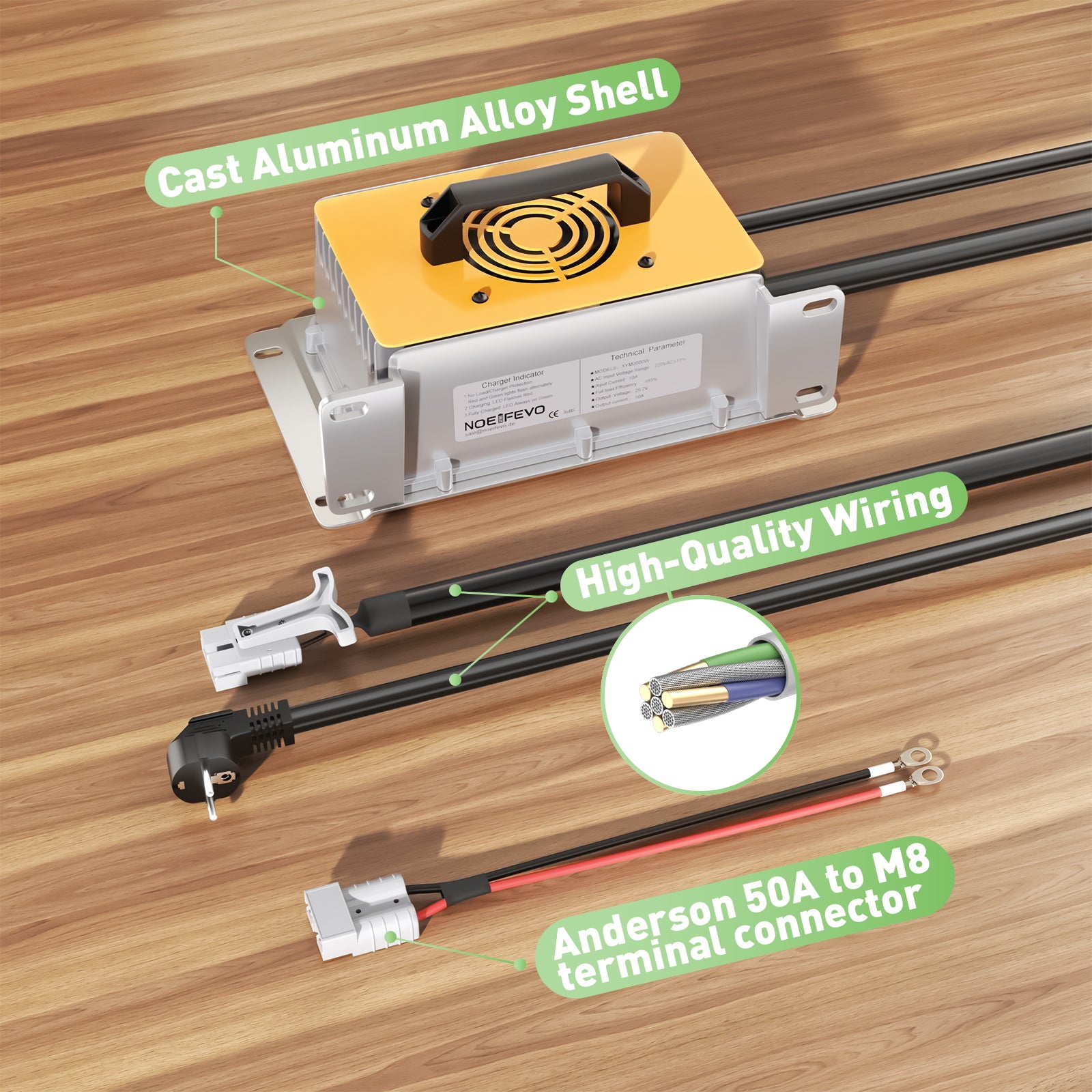 NOEIFEVO 29.2V 50A LiFePO4 batterioplader til 24V 25.6V LiFePO4 batteri, vandtæt, 0V BMS aktiveret