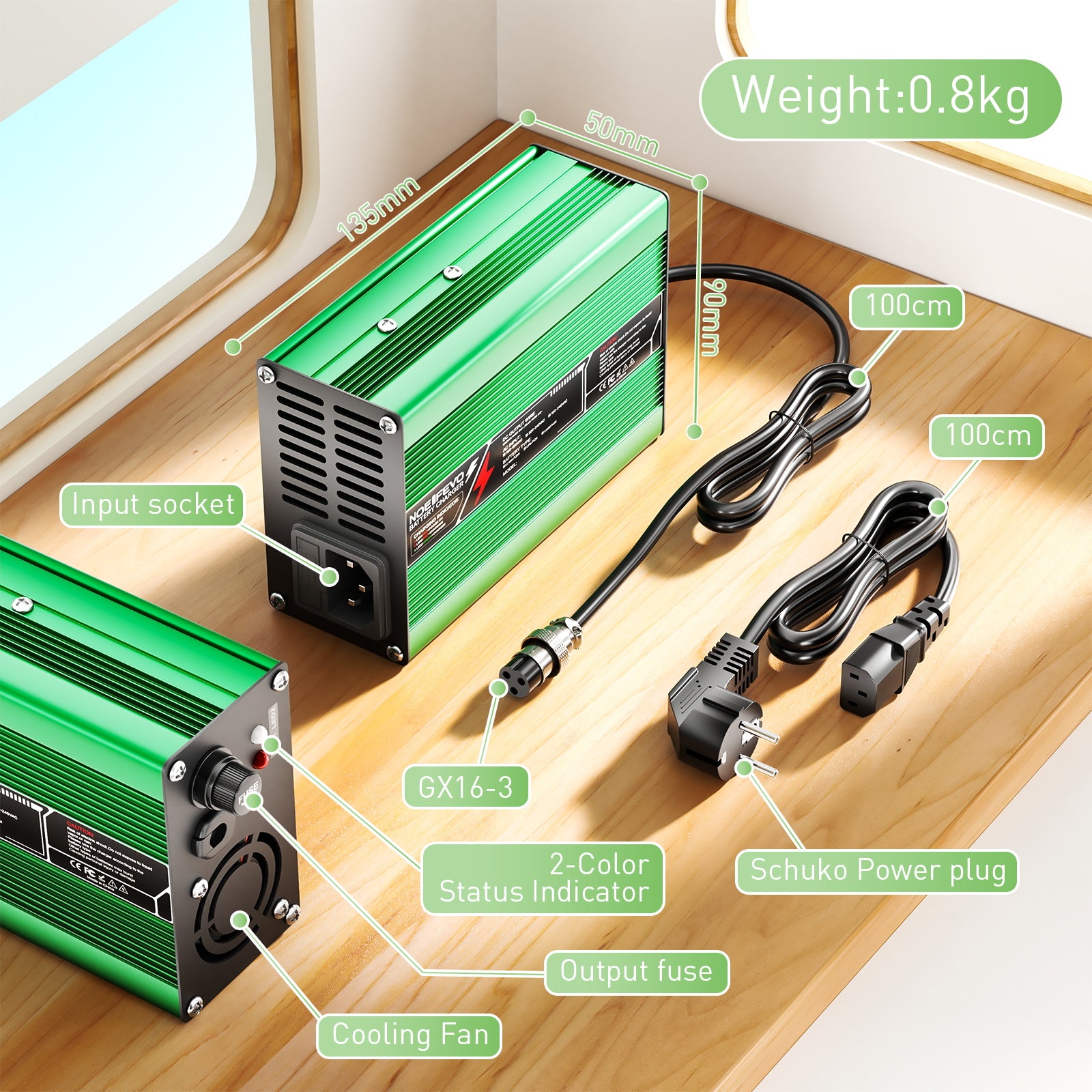 NOEIFEVO 42V 2A 3A 3.5A 4A Lithium-Oplader til 10S 37V Li-Ion Lipo-batterier, Køleventilator, Automatisk Slukning (GRØN)