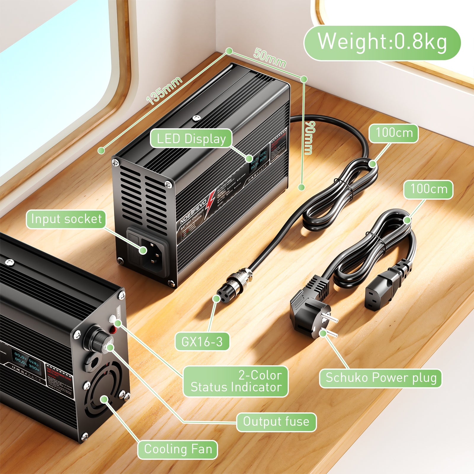 NOEIFEVO 12,6V 7A lithiumoplader til 3S 11,1V Li-Ion Lipo-batterier, med LCD-skærm, køleventilator, automatisk afbrydelse