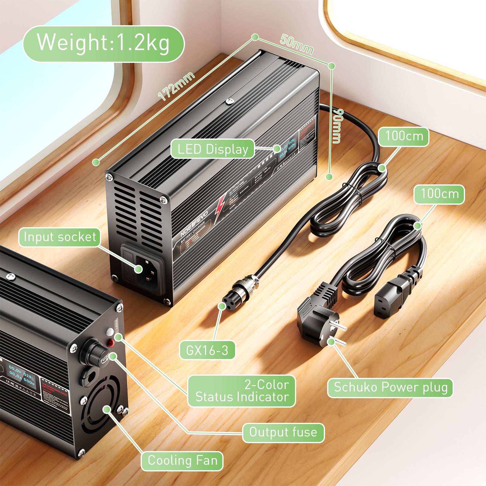 NOEIFEVO 14.6V 20A LiFePO4-batterioplader til 4S 12,8V LiFePO4 lithiumbatteri, LED-display, aluminiumhus