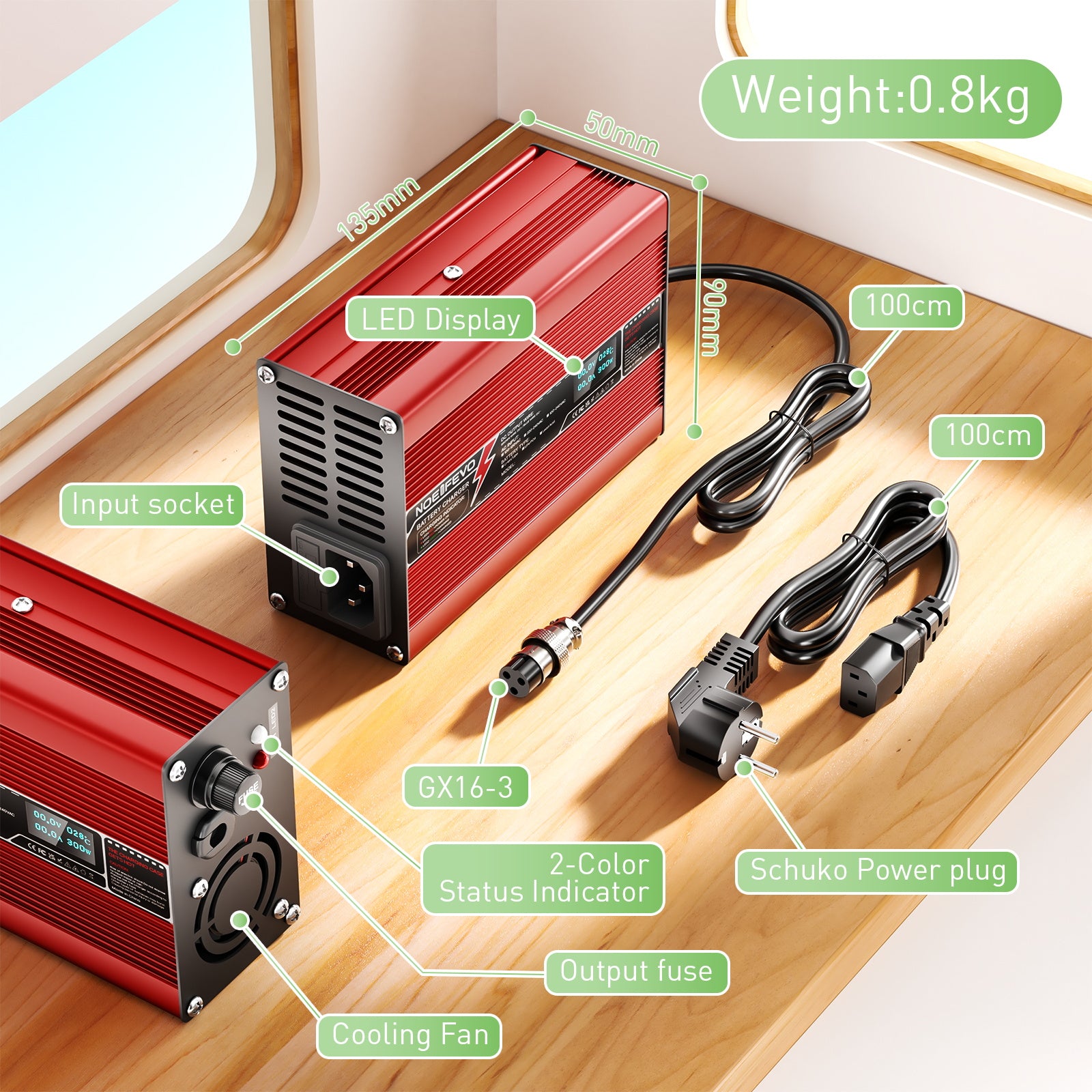 NOEIFEVO 46.2V  2A 3A 3.5A 4A Lithium-lader til 11S 40.7V Li-Ion Lipo-batterier, med kølevifte, automatisk afbrydelse (RØD)