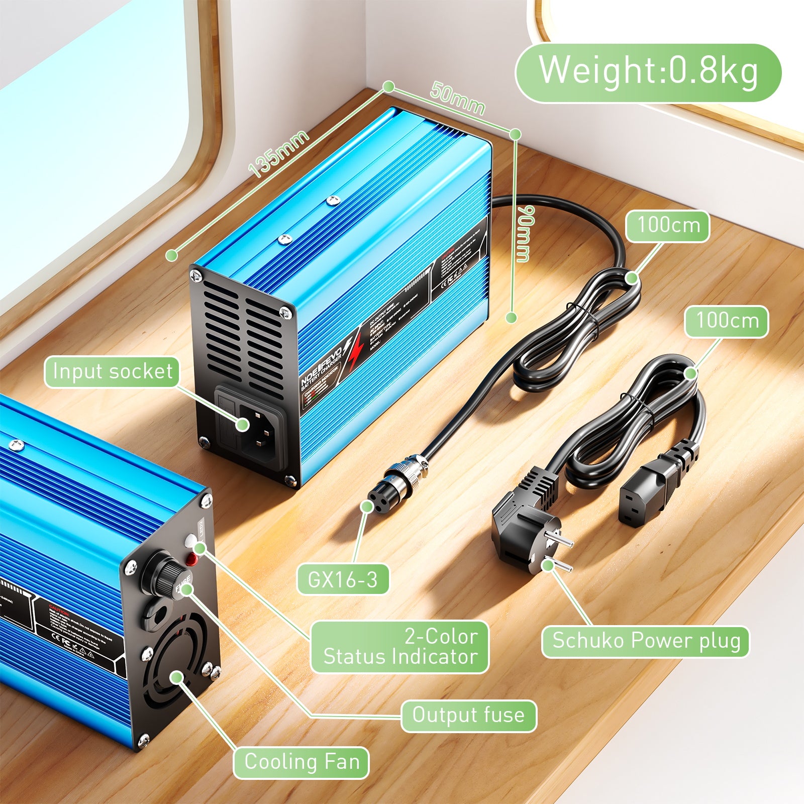 מטען ליתיום NOEIFEVO 46.2V  2A 3A 3.5A 4A עבור סוללות Li-Ion Lipo 11S 40.7V, מאוורר קירור, כיבוי אוטומטי (כחול)