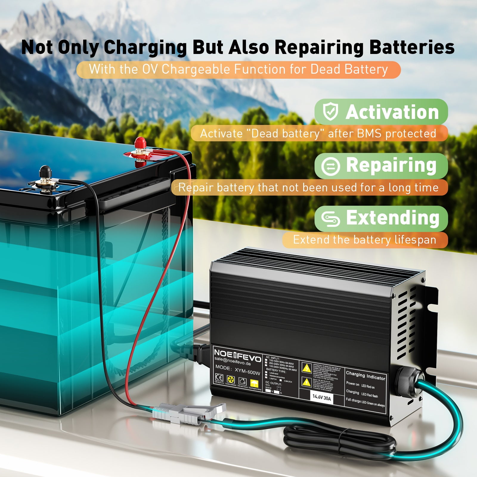 Noeifevo 12V 12,8V 30A Lithium LiFePO4 batterioplader, ladespænding 14,6V, 0V BMS aktivering, automatisk nedlukning, aluminiumshus