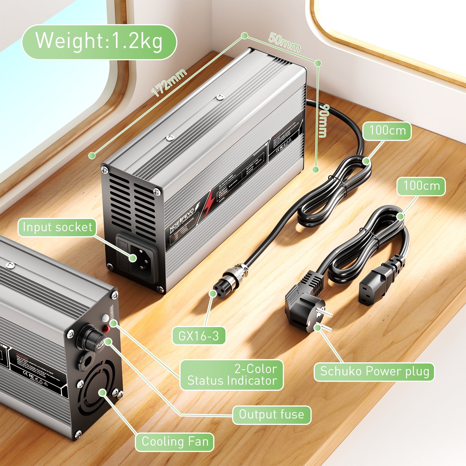 NOEIFEVO 73V 6A LiFePO4-oplader til 64V 20S-batteri, automatisk slukning, aluminiumhus, med blæser (sølv)