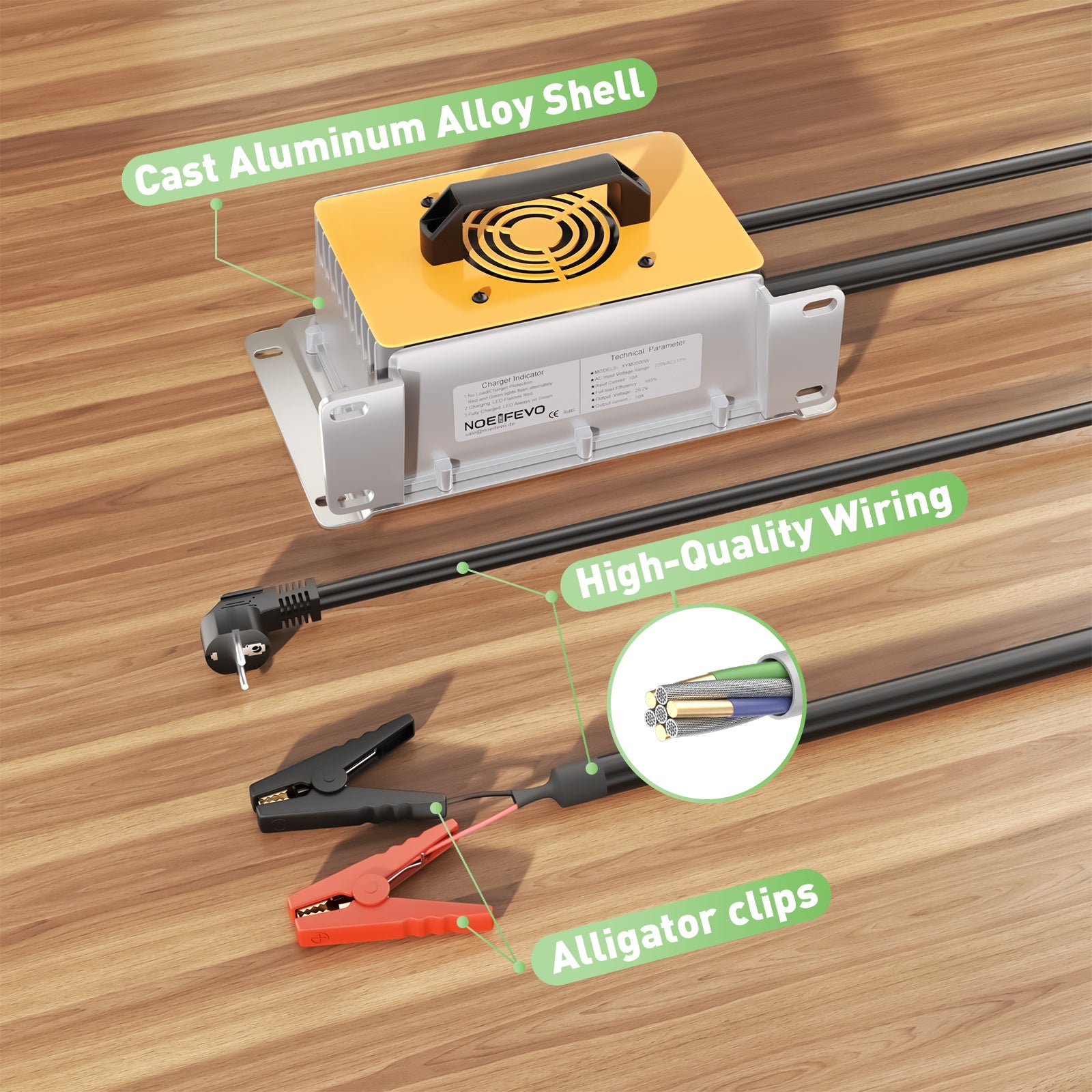 NOEIFEVO 29.2V 50A LiFePO4 batterioplader til 24V 25.6V LiFePO4 batteri, vandtæt, 0V BMS aktiveret