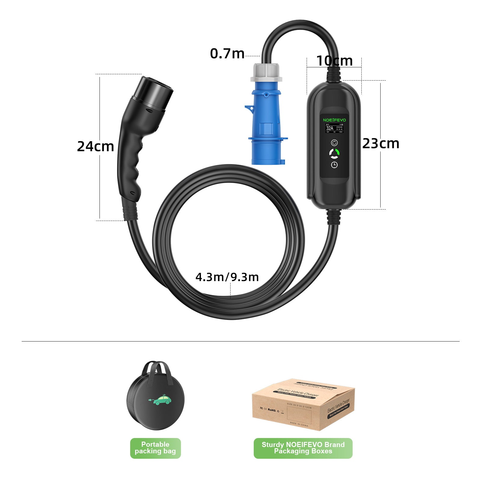 NOEIFEVO 7,2KW nabíjecí kabel pro EV, typ 2 32A 1 fáze nabíječka EV, mobilní nabíjecí stanice EVSE s modrou zástrčkou CEE