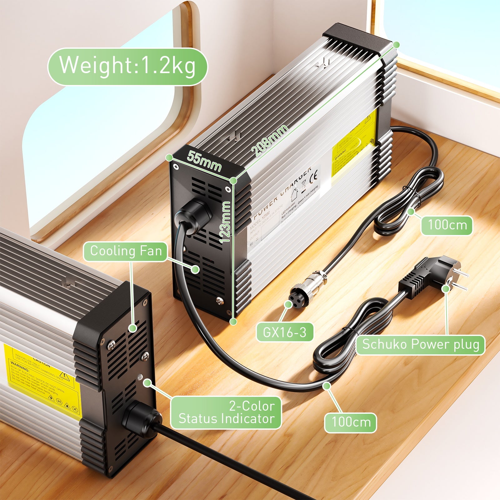 NOEIFEVO 63V 6A litio  de batería de Cargador para batería de litio 15S 55.5V, con ventilador de enfriamiento, apagado automático.