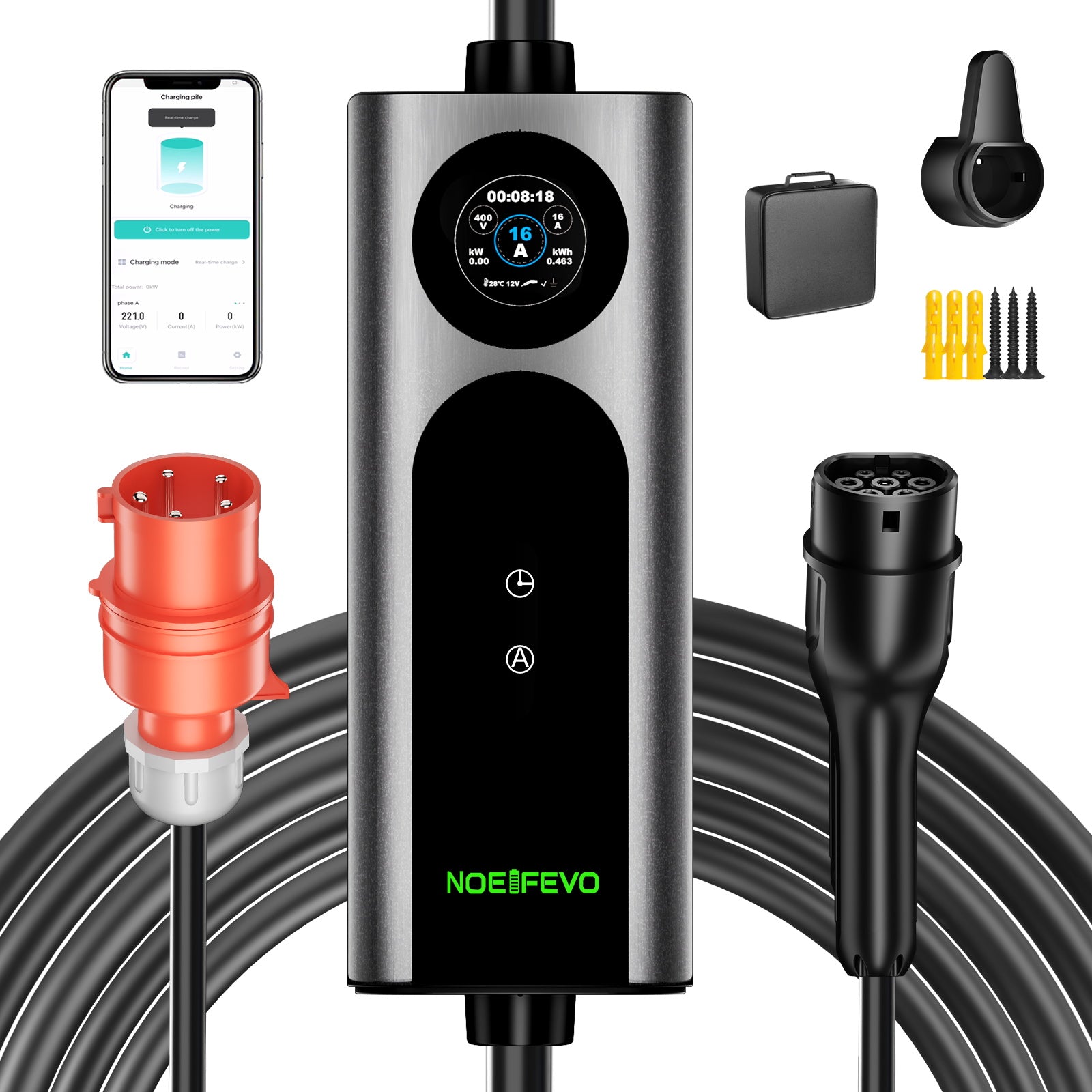 Noeifevo Typ2 Mobil EV Wallbox, 11KW 3-faset CEE16A Justerbar ladningsstyrke EV-lader, 5m/10m/15m EV-ladekabel til Model Y/3, ID.3/4/5, MG4, EX30, e-up, e-tron, Zoe og andre EV.

