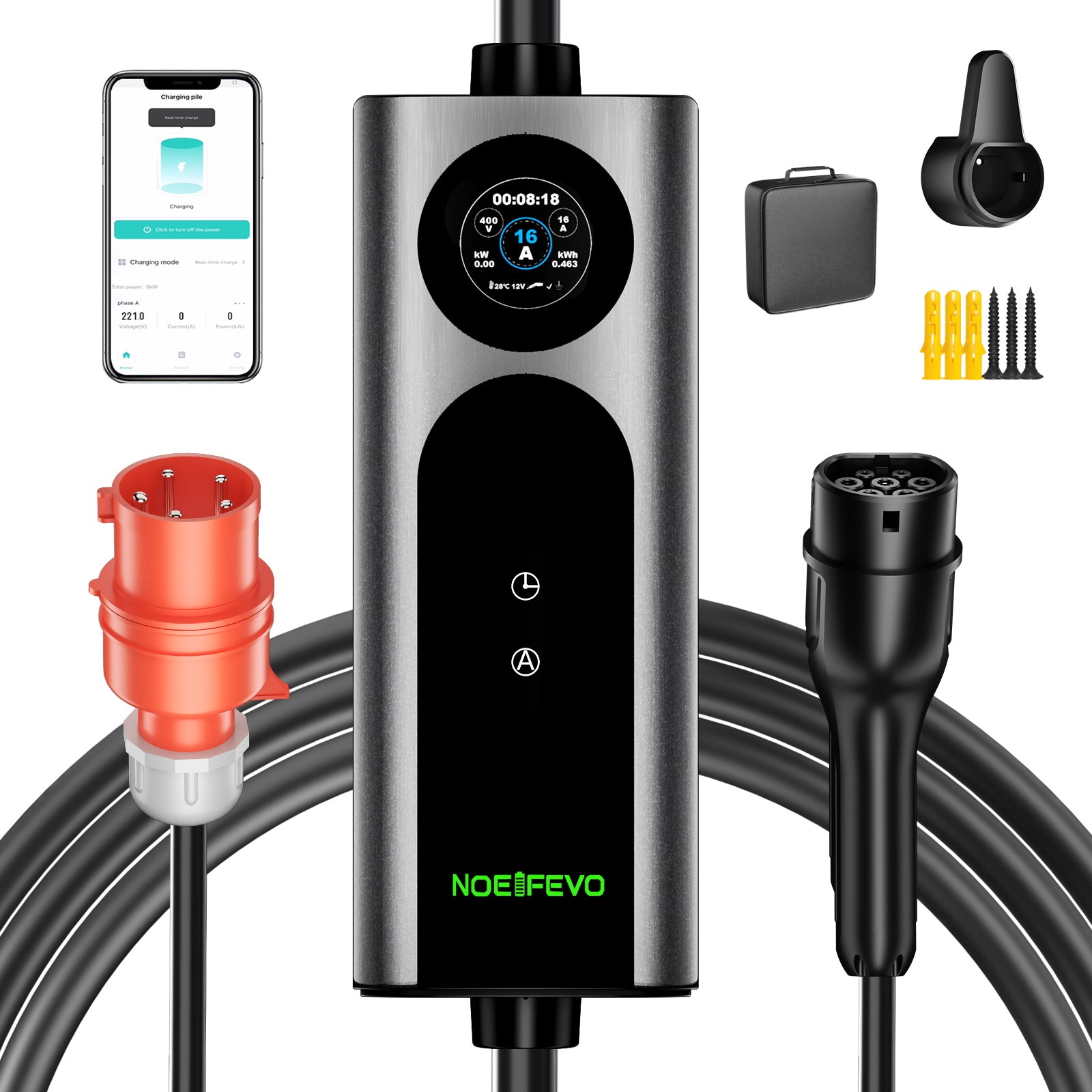Noeifevo Typ2 Mobil EV Wallbox, 11KW 3-faset CEE16A Justerbar ladningsstyrke EV-lader, 5m/10m/15m EV-ladekabel til Model Y/3, ID.3/4/5, MG4, EX30, e-up, e-tron, Zoe og andre EV.

