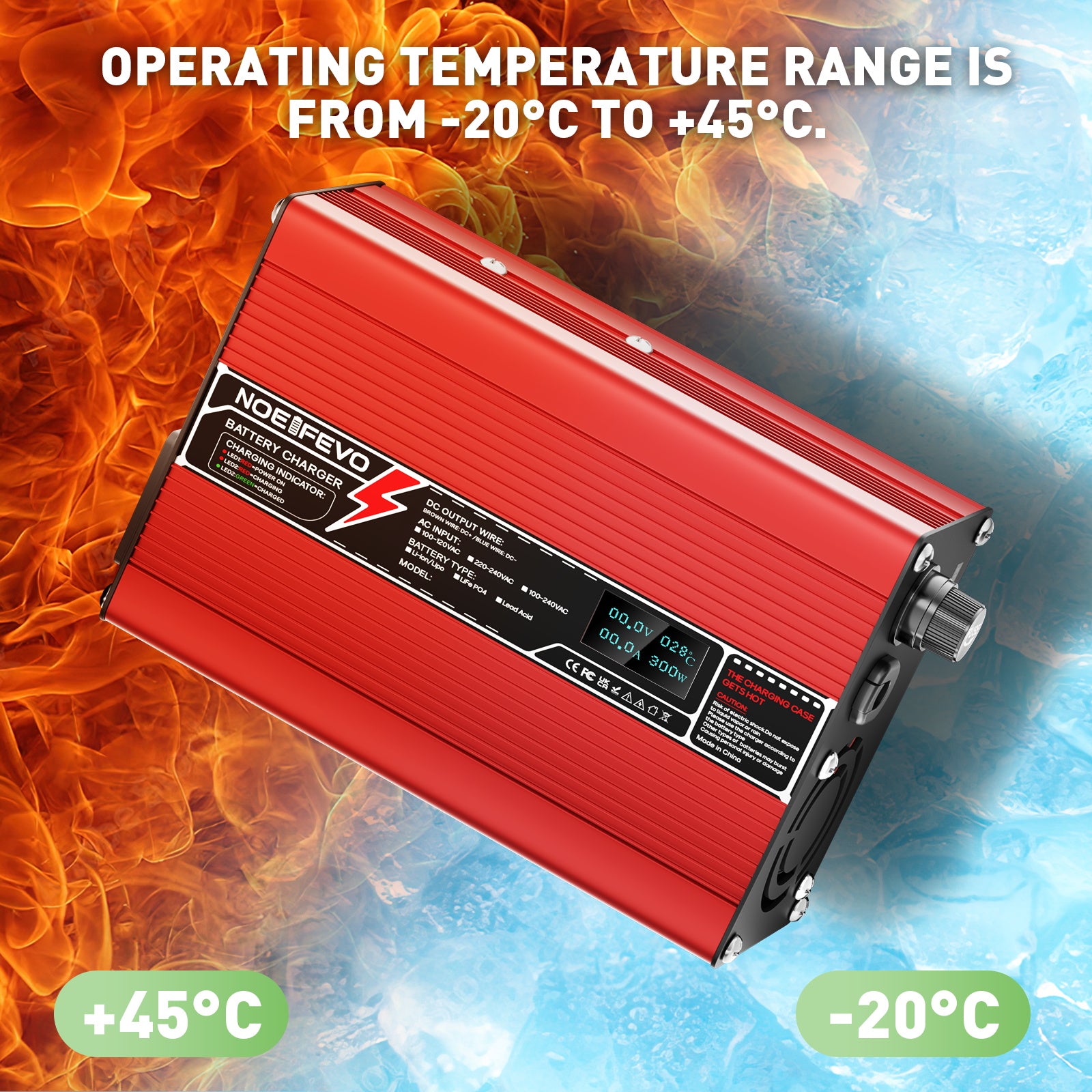 NOEIFEVO 13,8V-14,7V 8A blysyre-batterioplader til 12V blysyrebatteri, køleventilator, automatisk afbrydelse (RØD)