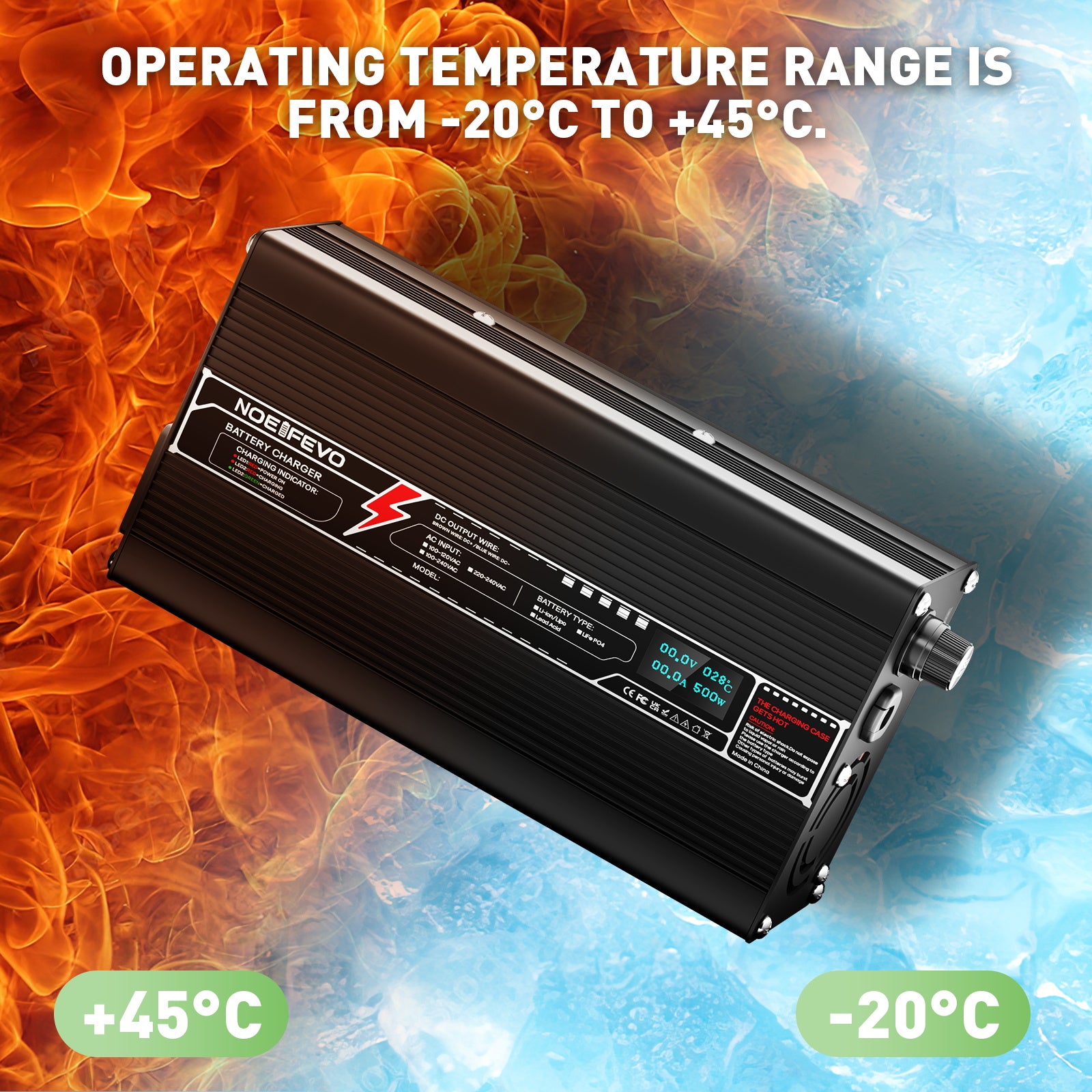 NOEIFEVO 12V 20A Bly-syre batterioplader, OLED-display, aluminiumskal, intelligent hurtigoplader