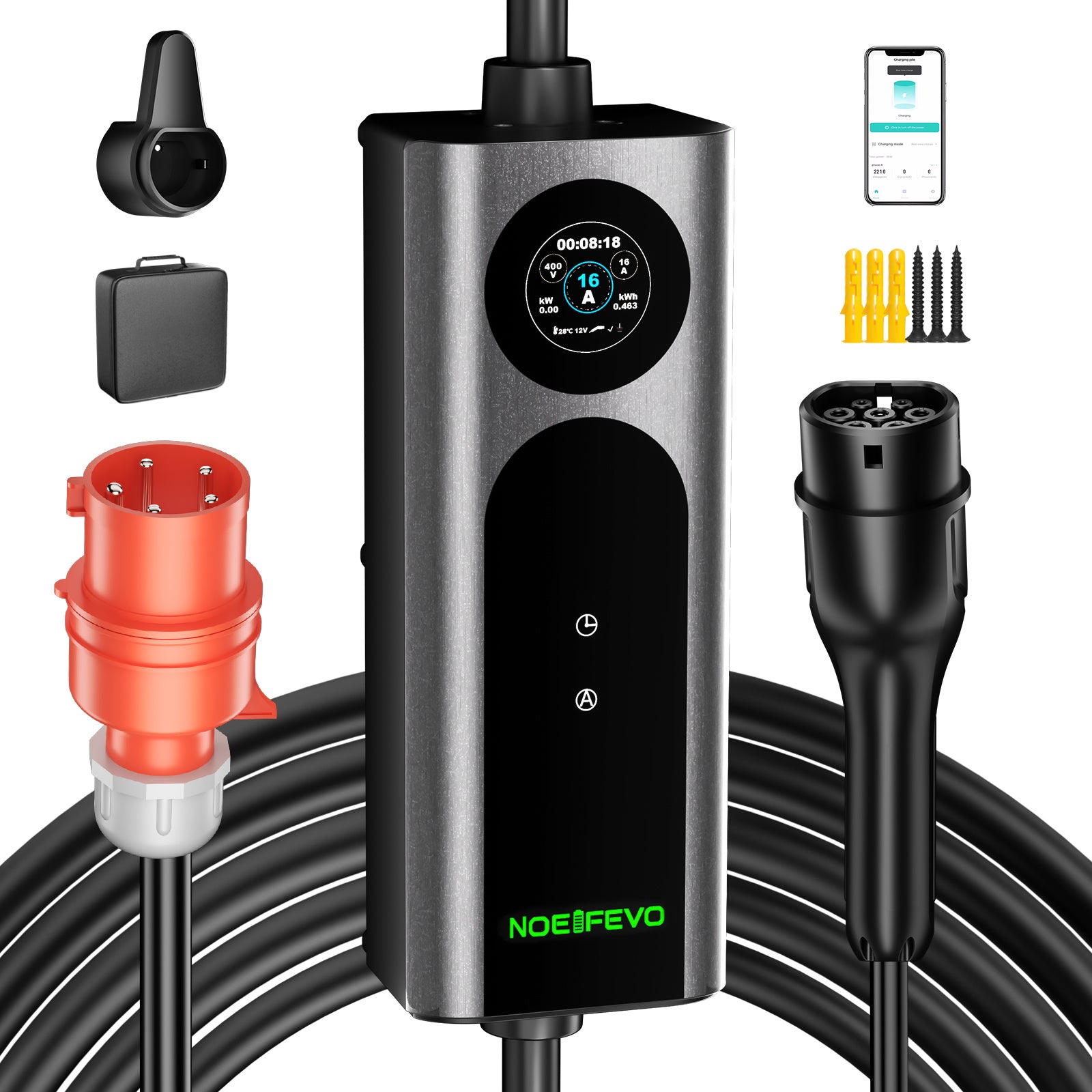 NOEIFEVO Q21W Wlan elbiloplader mobil Wallbox 11kW med APP-fjernbetjening, 5m/10m Type2 CEE16A 3-faset ladekabel 