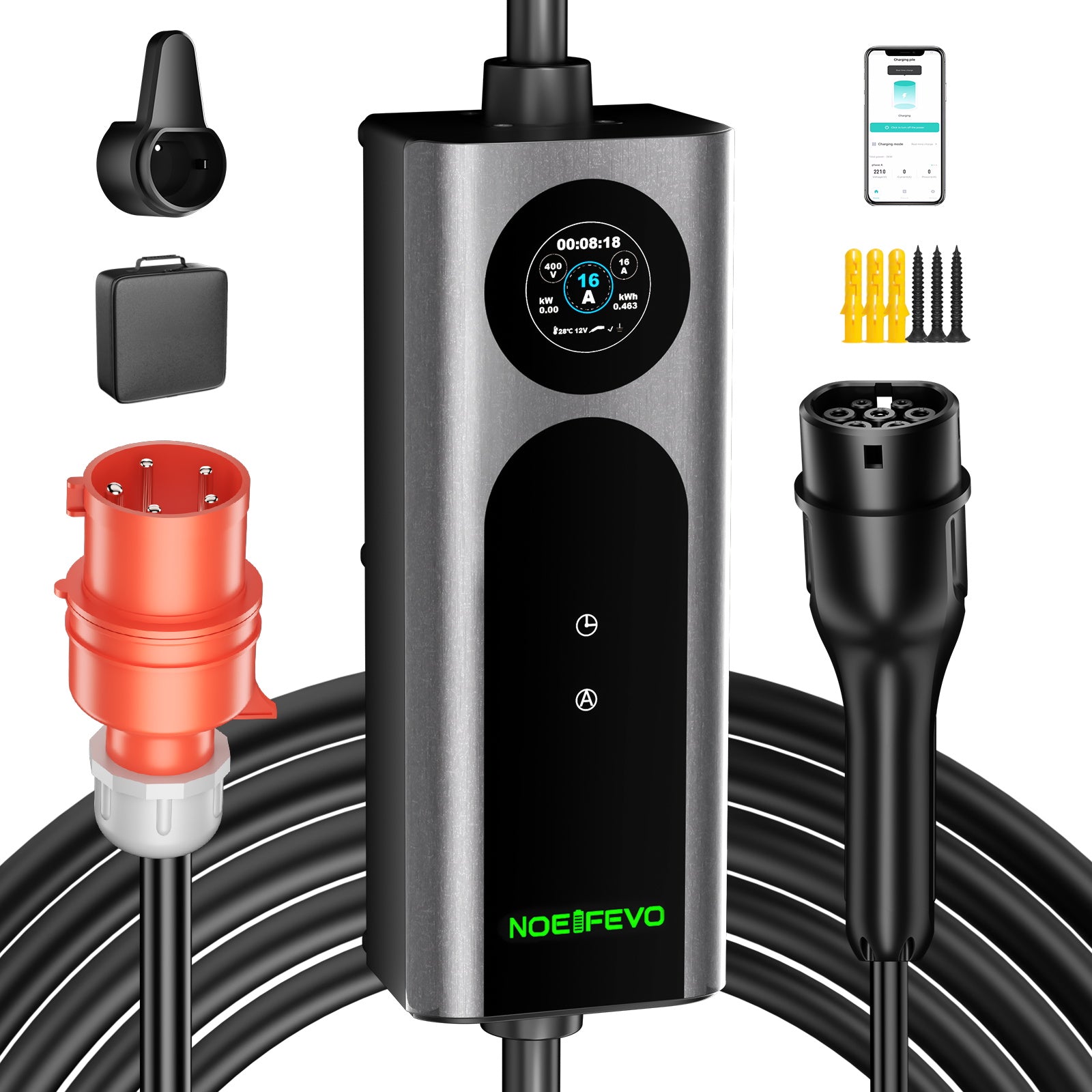 Noeifevo Typ2 Mobil EV Wallbox, 11KW 3-faset CEE16A Justerbar ladningsstyrke EV-lader, 5m/10m/15m EV-ladekabel til Model Y/3, ID.3/4/5, MG4, EX30, e-up, e-tron, Zoe og andre EV.
