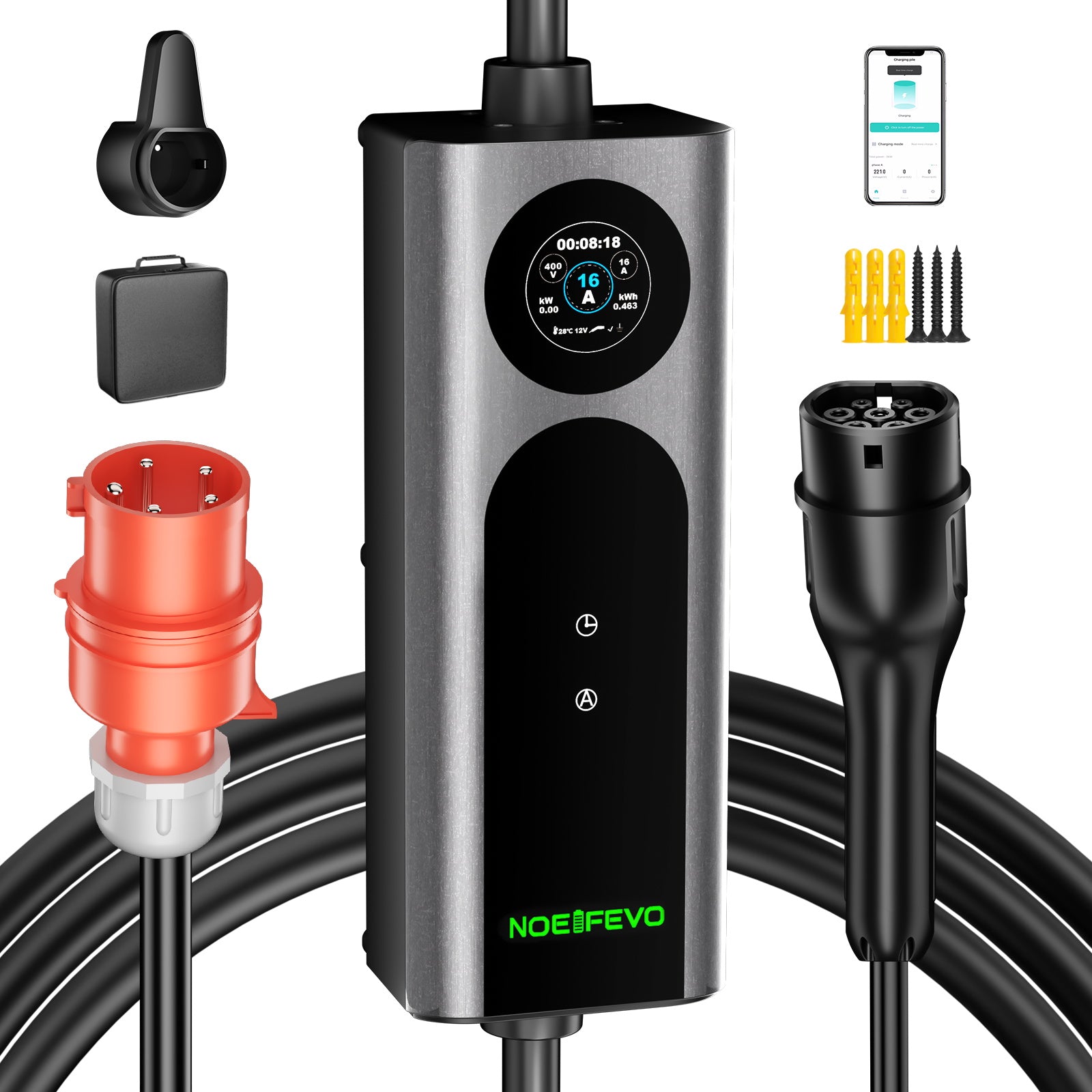 Noeifevo Typ2 Mobil EV Wallbox, 11KW 3-faset CEE16A Justerbar ladningsstyrke EV-lader, 5m/10m/15m EV-ladekabel til Model Y/3, ID.3/4/5, MG4, EX30, e-up, e-tron, Zoe og andre EV.
