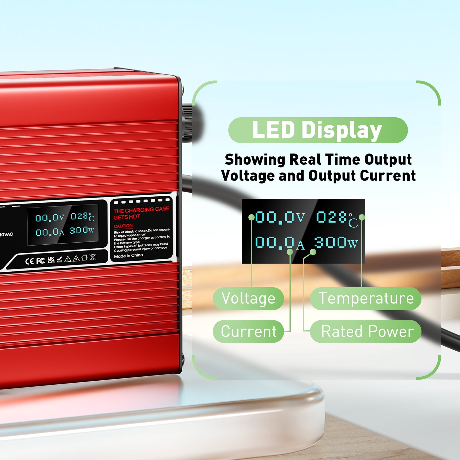 NOEIFEVO 50.4V  2A 2.5A 3A Lithium-Ladegerät for 12S 44.4V Li-Ion Lipo-batterier, med LCD-display, køleventilator, automatisk slukning (RØD)