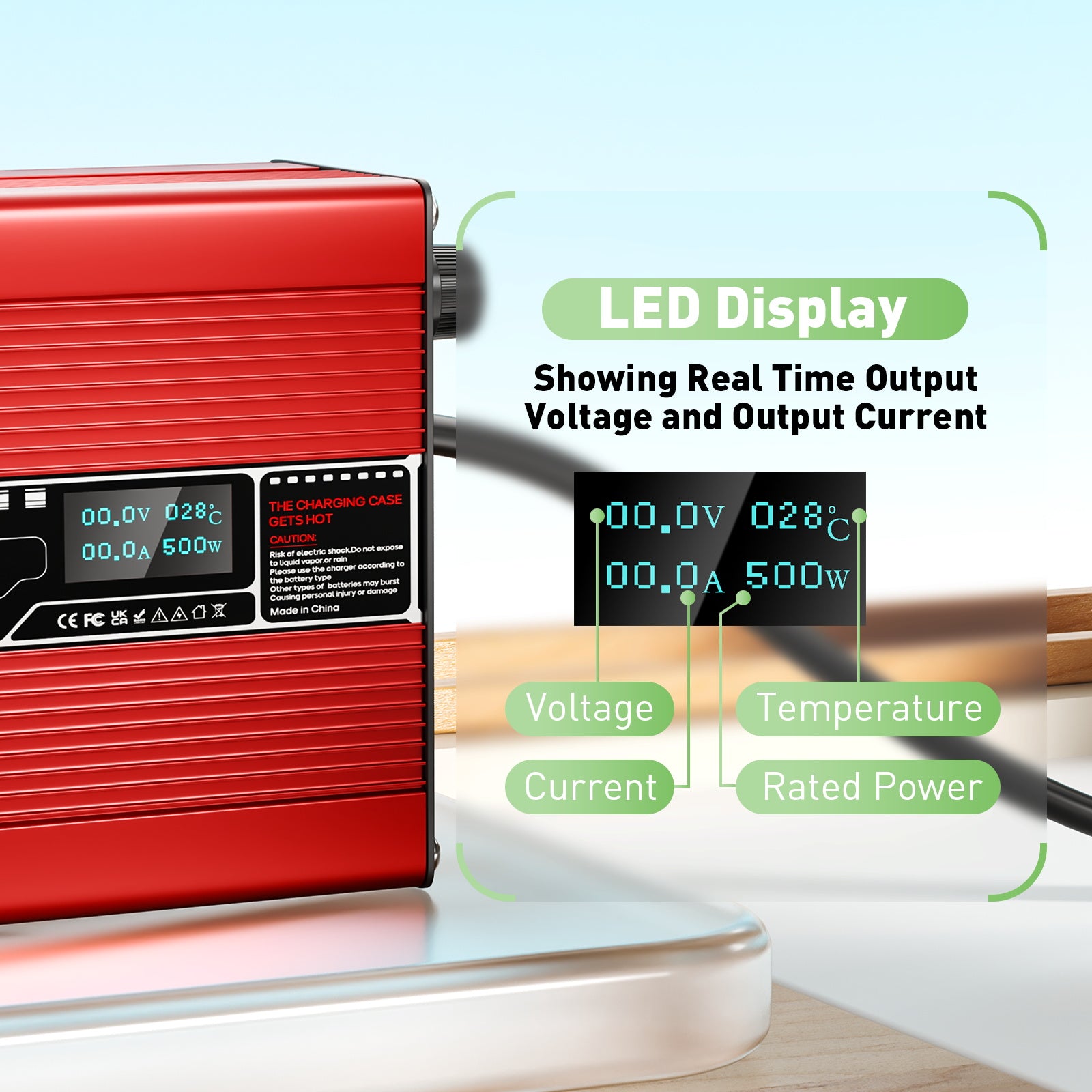 NOEIFEVO 43.8V 10A LiFePO4-batterioplader til 38.4V 12S LiFePO4-batterier, automatisk slukning, OLED-skærm, aluminiumshus, med blæser