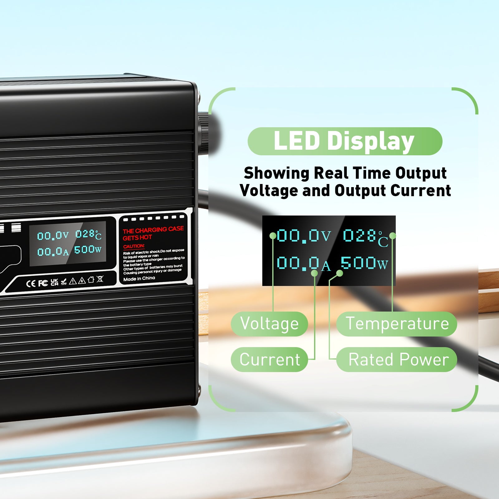 NOEIFEVO 14.6V 20A LiFePO4-batterioplader til 4S 12,8V LiFePO4 lithiumbatteri, LED-display, aluminiumhus