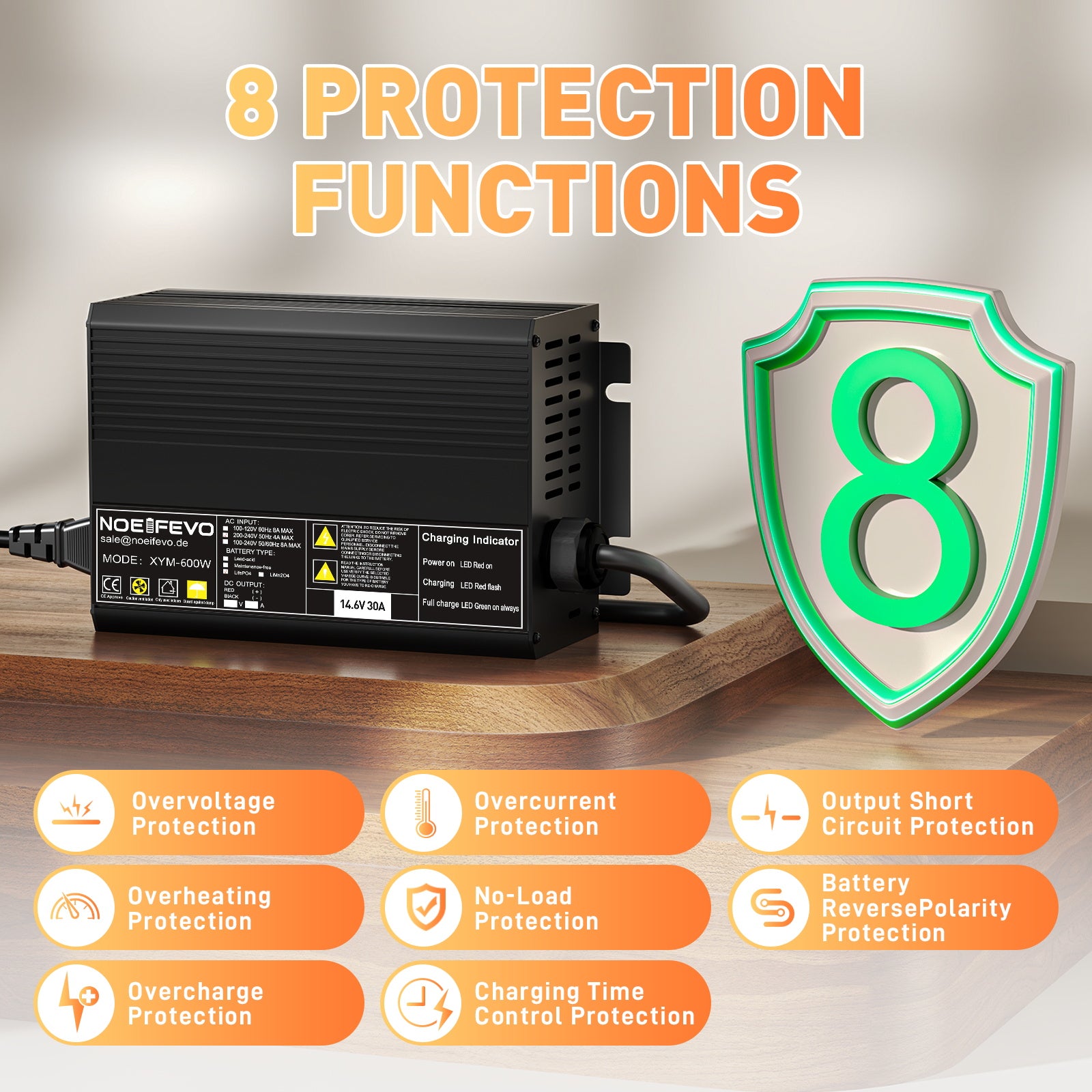 Noeifevo 12V 12,8V 30A Lithium LiFePO4 batterioplader, ladespænding 14,6V, 0V BMS aktivering, automatisk nedlukning, aluminiumshus