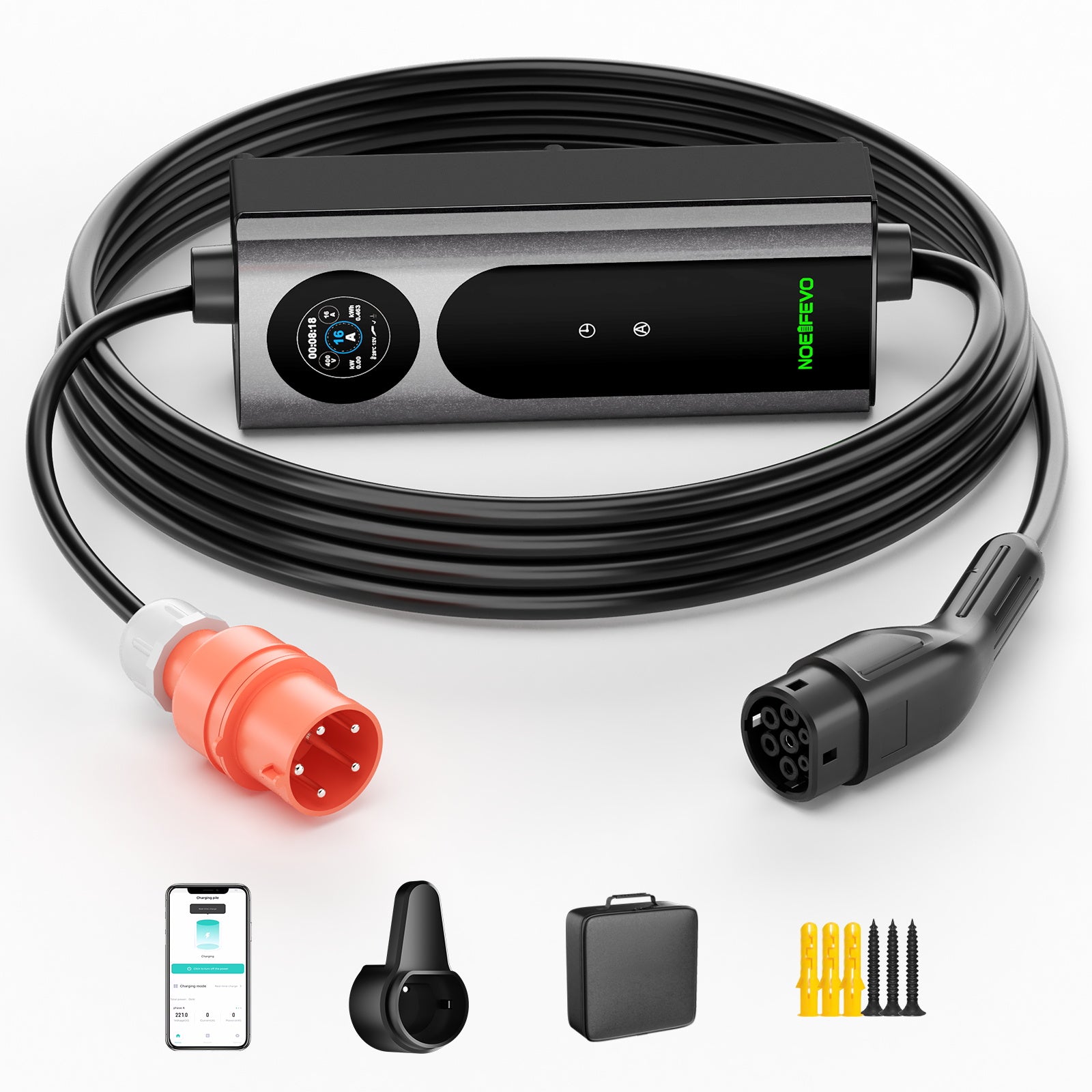 NOEIFEVO Mobiele wallbox 11kW met app [5m/10m | 3-fase | 6–16 A], laadkabel voor elektrische auto CEE-16A 400V naar type 2 met instelbaar laadvermogen, EV-lader voor ID.3/4/5/7, IX1, Model 3/Y en andere BEV/PHEV