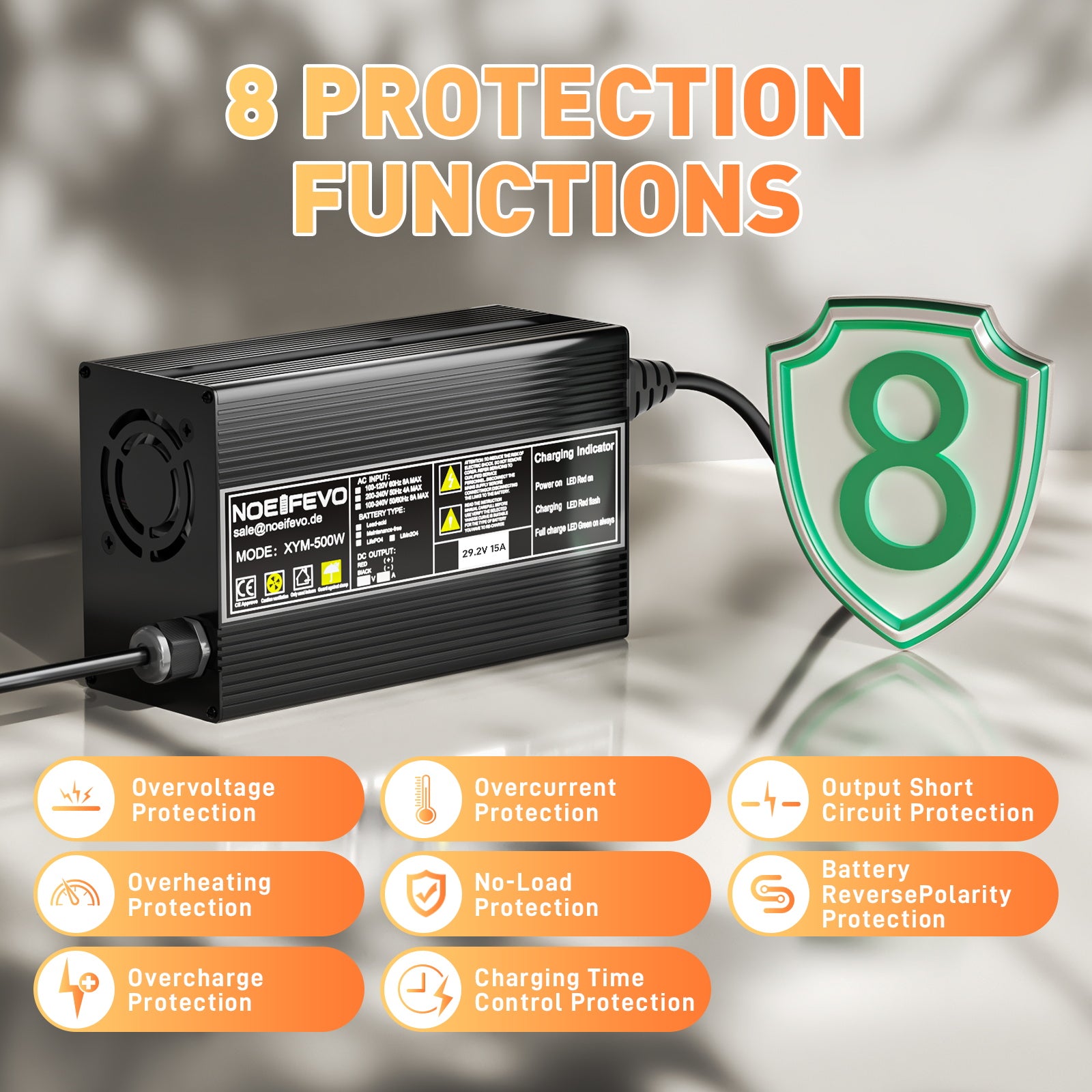 Noeifevo 29,2 V 15 A LiFePO4  batería de Cargador para batería de litio de 24 V 25,6 V, activación BMS de 0 V, apagado automático con protección total