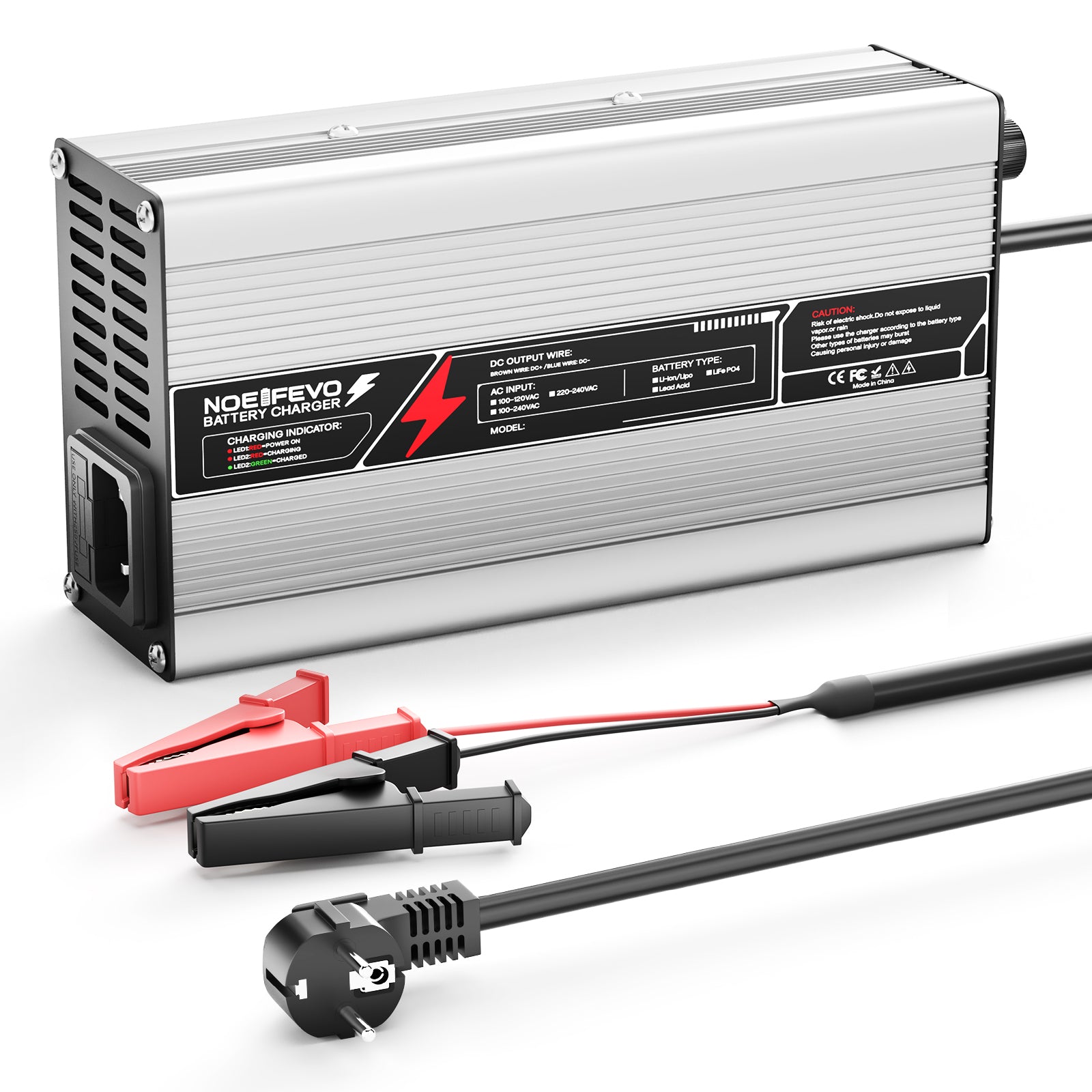 NOEIFEVO 14,6V 20A cargador de batería LiFePO4 para batería de 12V (12,8V) 4S, con apagado automático, carcasa de aluminio, con ventilador (plata).