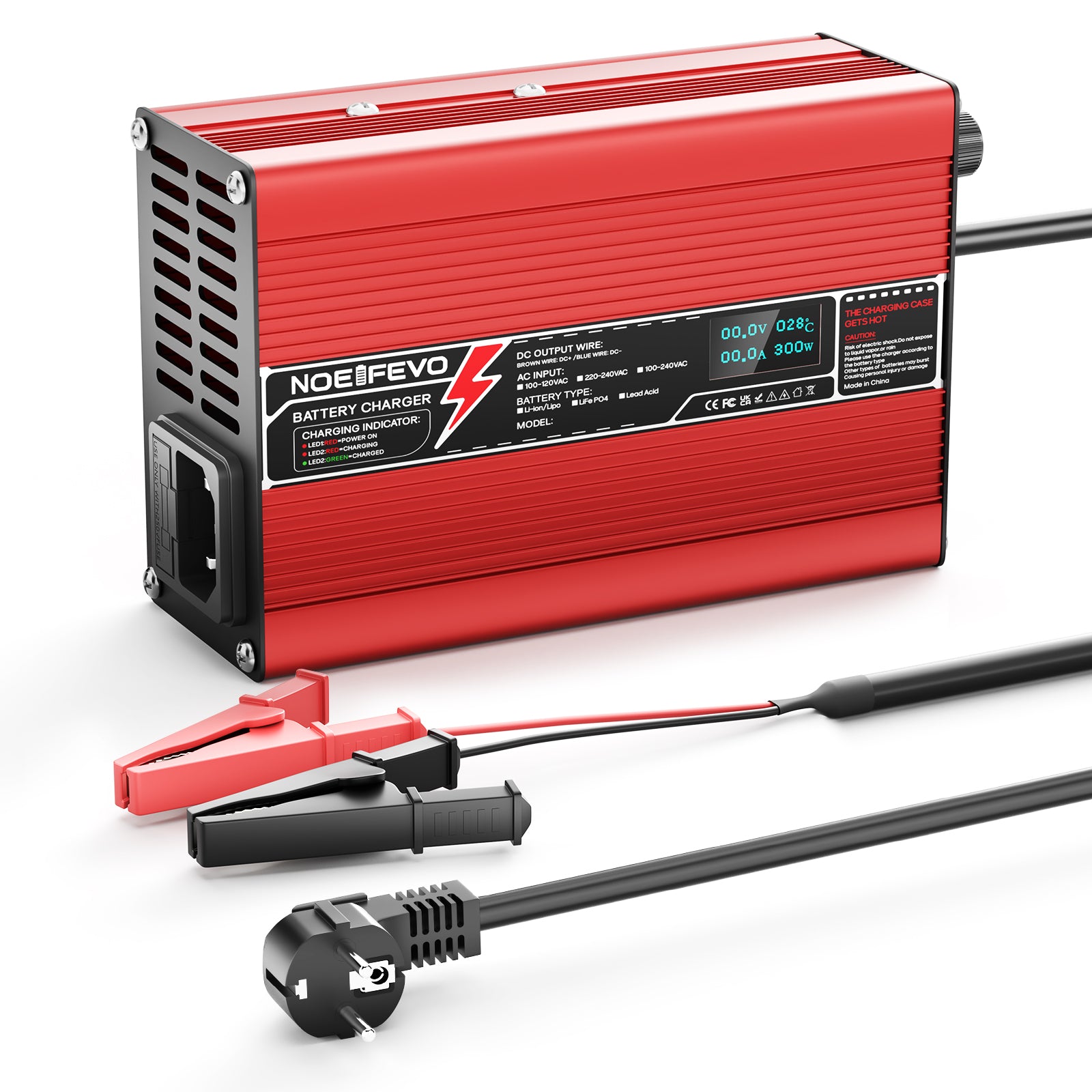 NOEIFEVO 54.6V 2A 2.5A 3A Lithium-lader til 13S 48.1V Li-Ion Lipo-batterier, med køleventilator, automatisk afbrydelse (RØD)