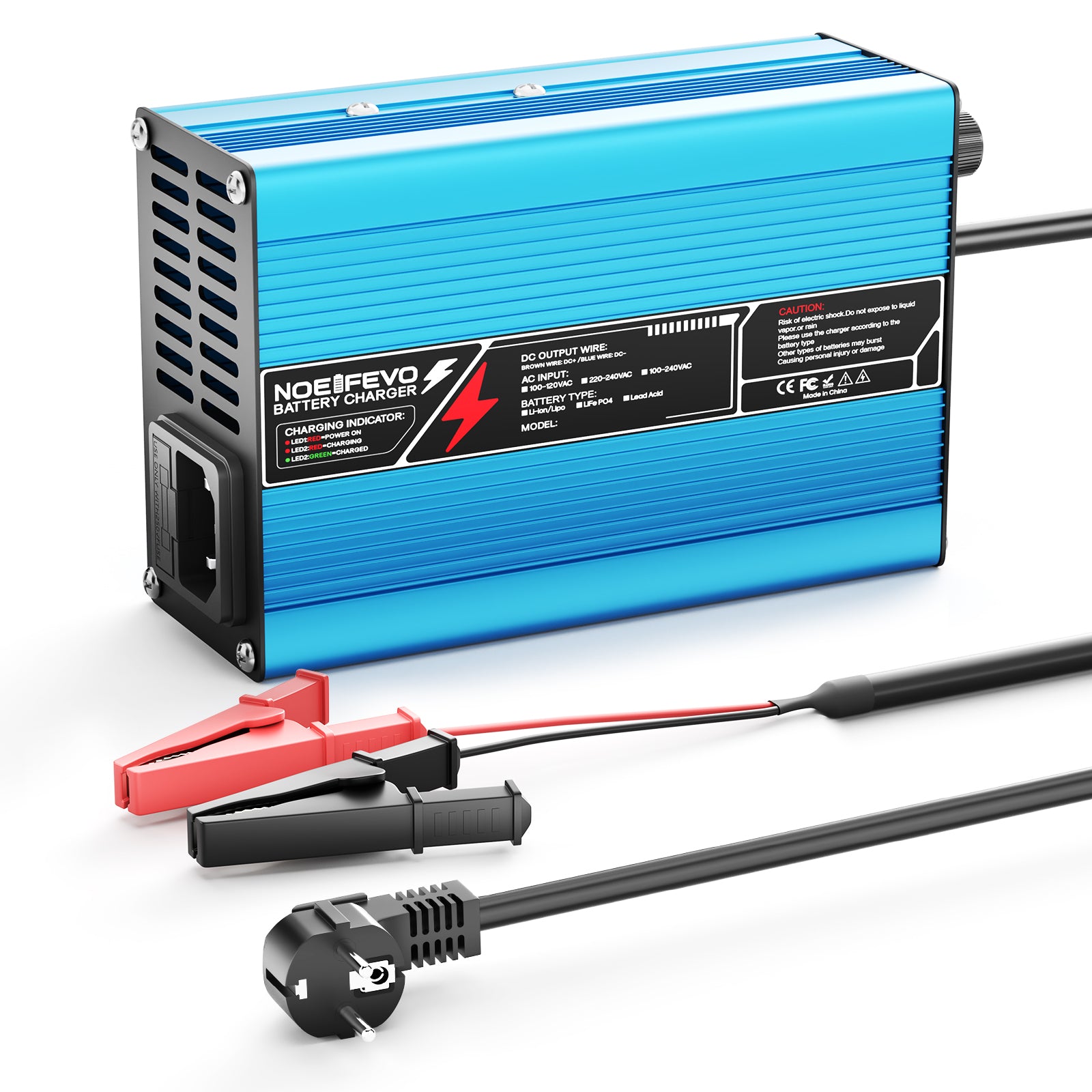 NOEIFEVO 37.8V  2A 3A 3.5A 4A Lithium-lader til 9S 33.3V Li-Ion Lipo-batterier, køleventilator, automatisk slukning (BLÅ)