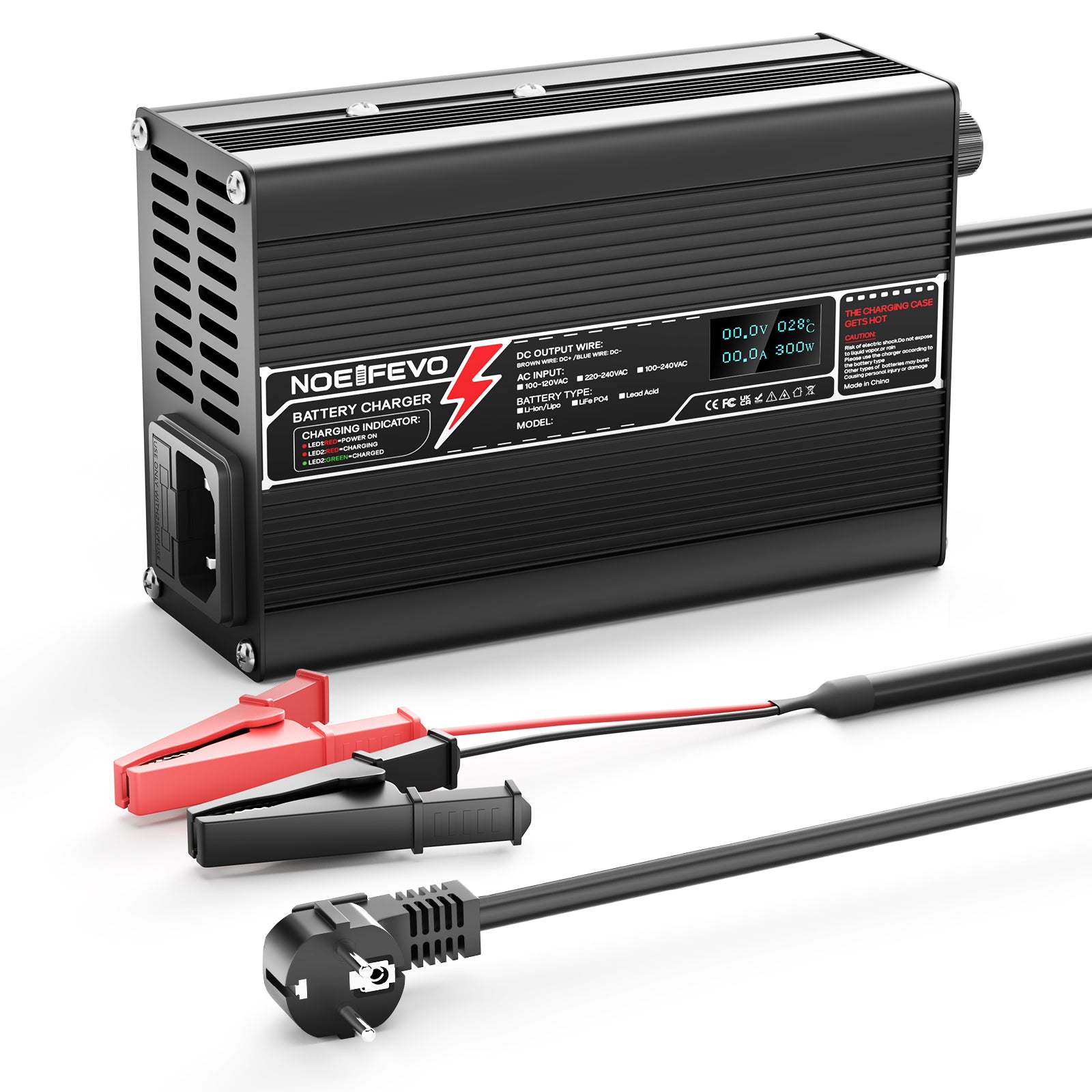 NOEIFEVO 58.8V 2A Carregador de Lítio para Baterias 14S 51.8V Li-Ion Lipo, com Display LCD, Ventilador de Resfriamento, Desligamento Automático